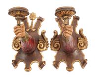 A Pair of Spanish Carved and Polychromed Single-Light Sconces Height 20 x width 11 x depth 18 inches.