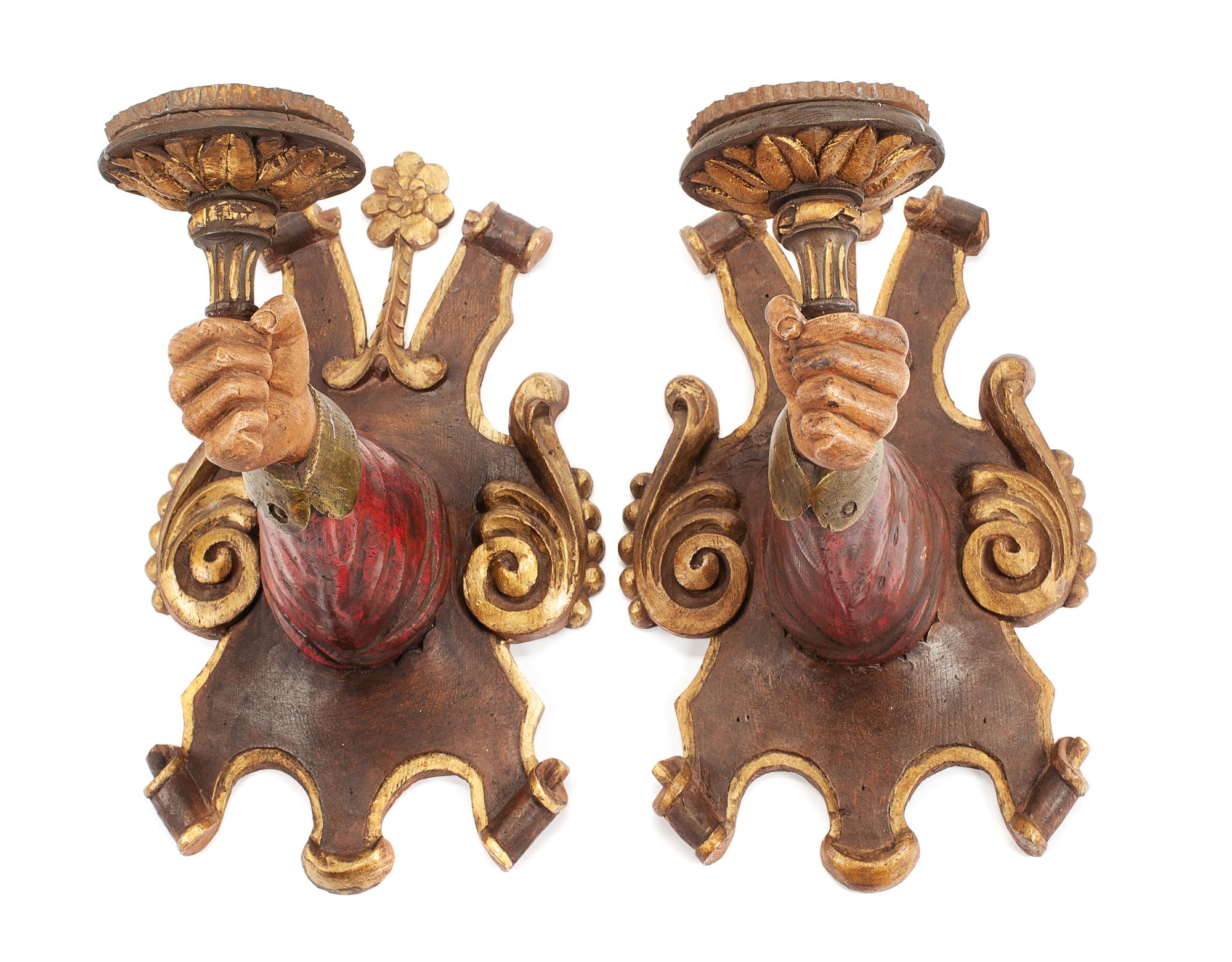 A Pair of Spanish Carved and Polychromed Single-Light Sconces Height 20 x width 11 x depth 18 inches.