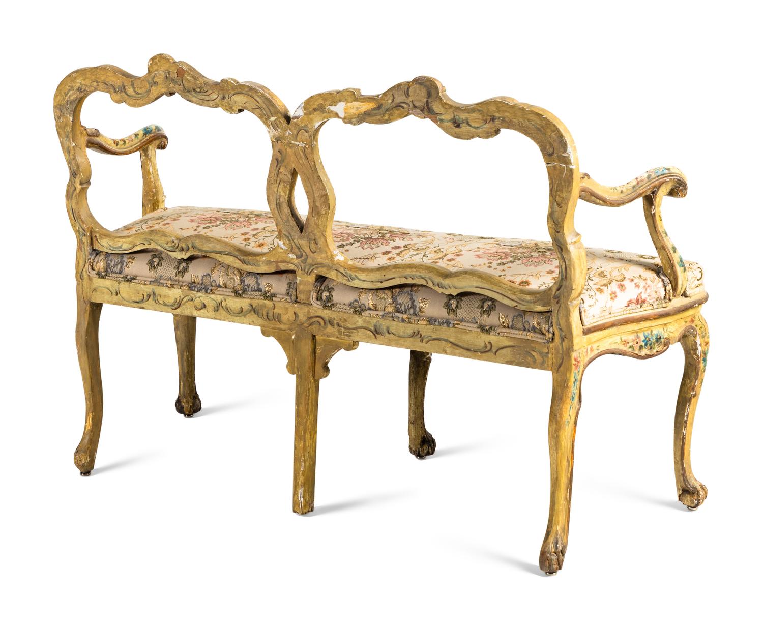 A Venetian Cream and Polychrome Painted Settee
