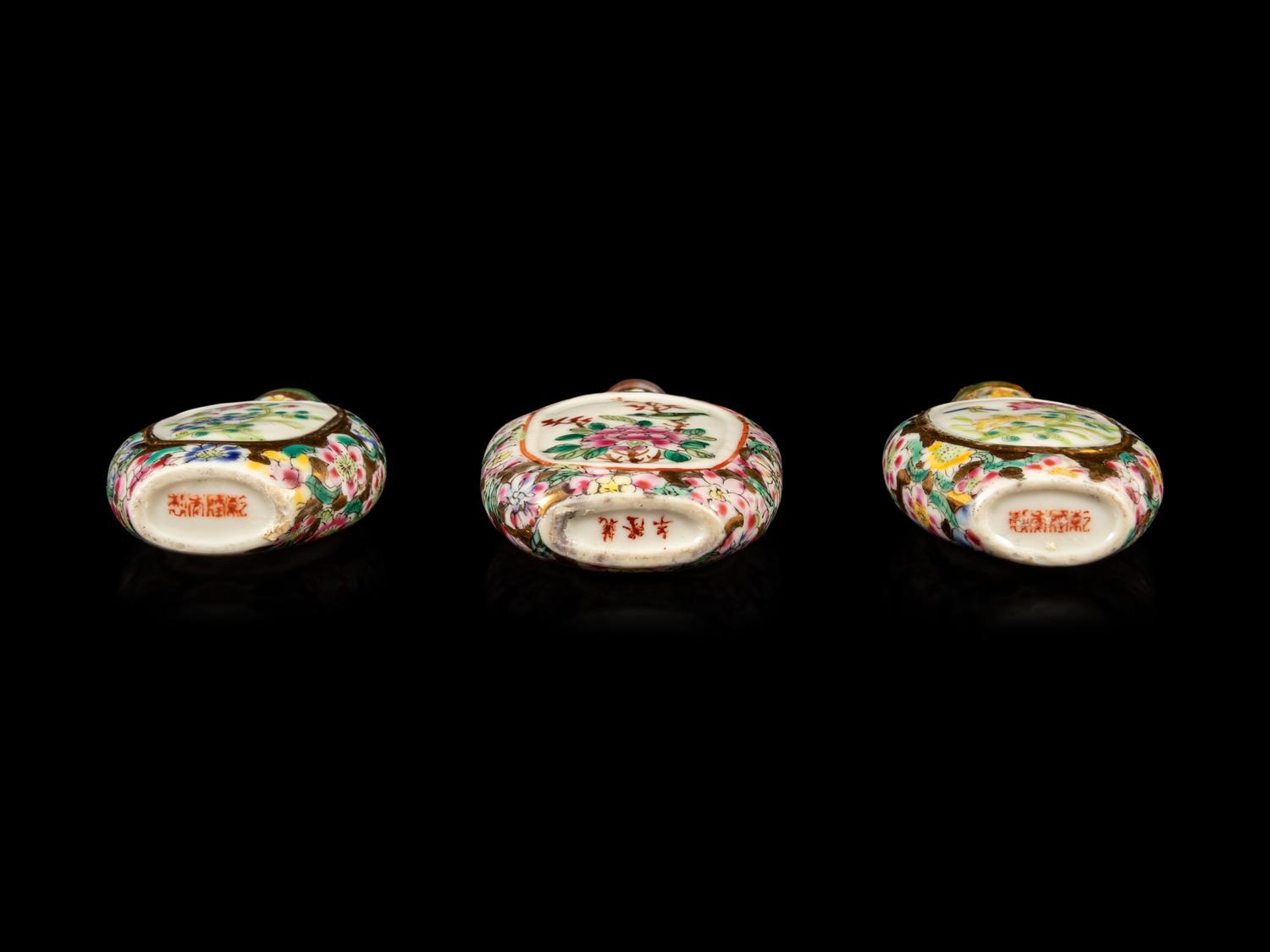 Three Chinese Famille Rose 'Millefleur' Porcelain Snuff Bottles