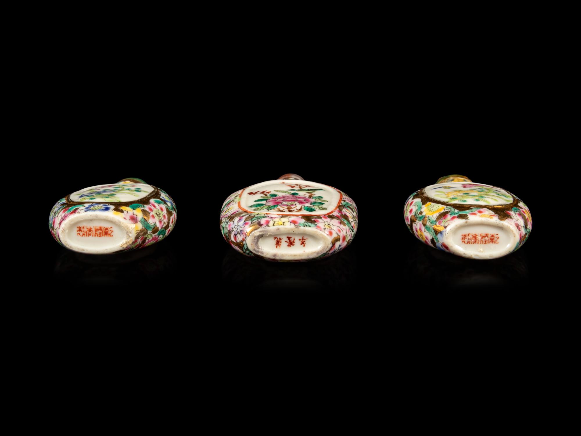 Three Chinese Famille Rose 'Millefleur' Porcelain Snuff Bottles