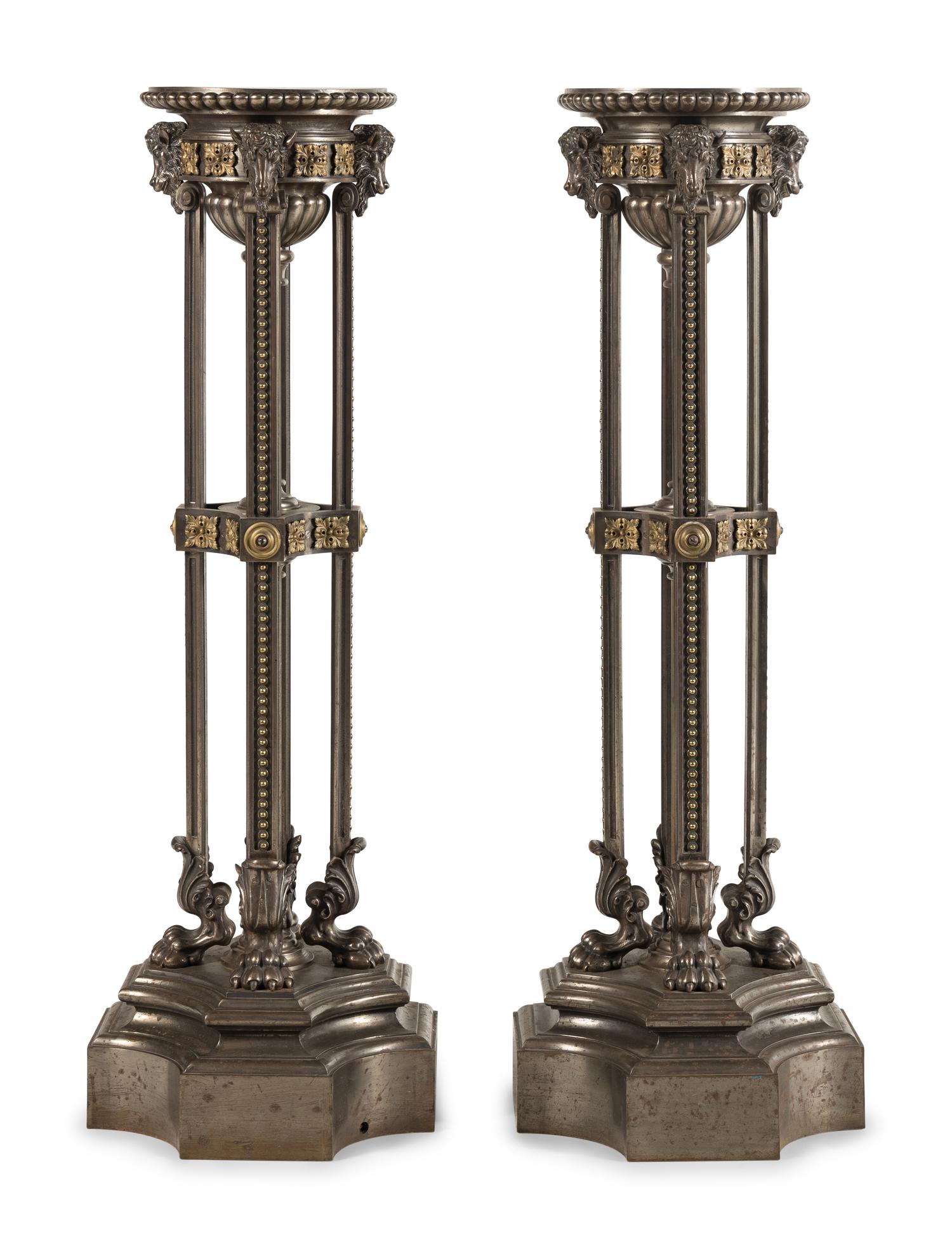 A Pair of Continental Neoclassical Style Gilt Bronze and Polished Steel Pedestals