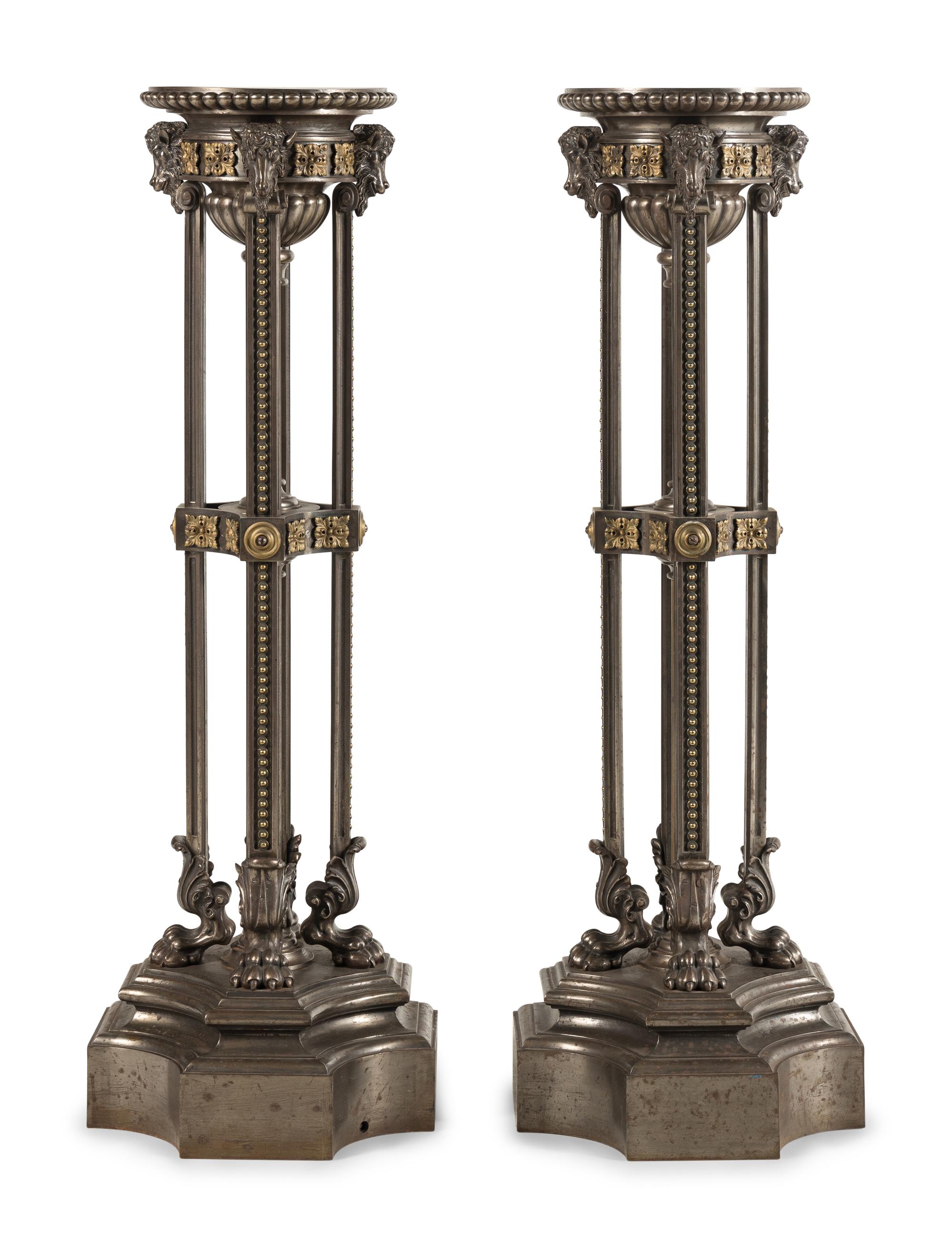 A Pair of Continental Neoclassical Style Gilt Bronze and Polished Steel Pedestals