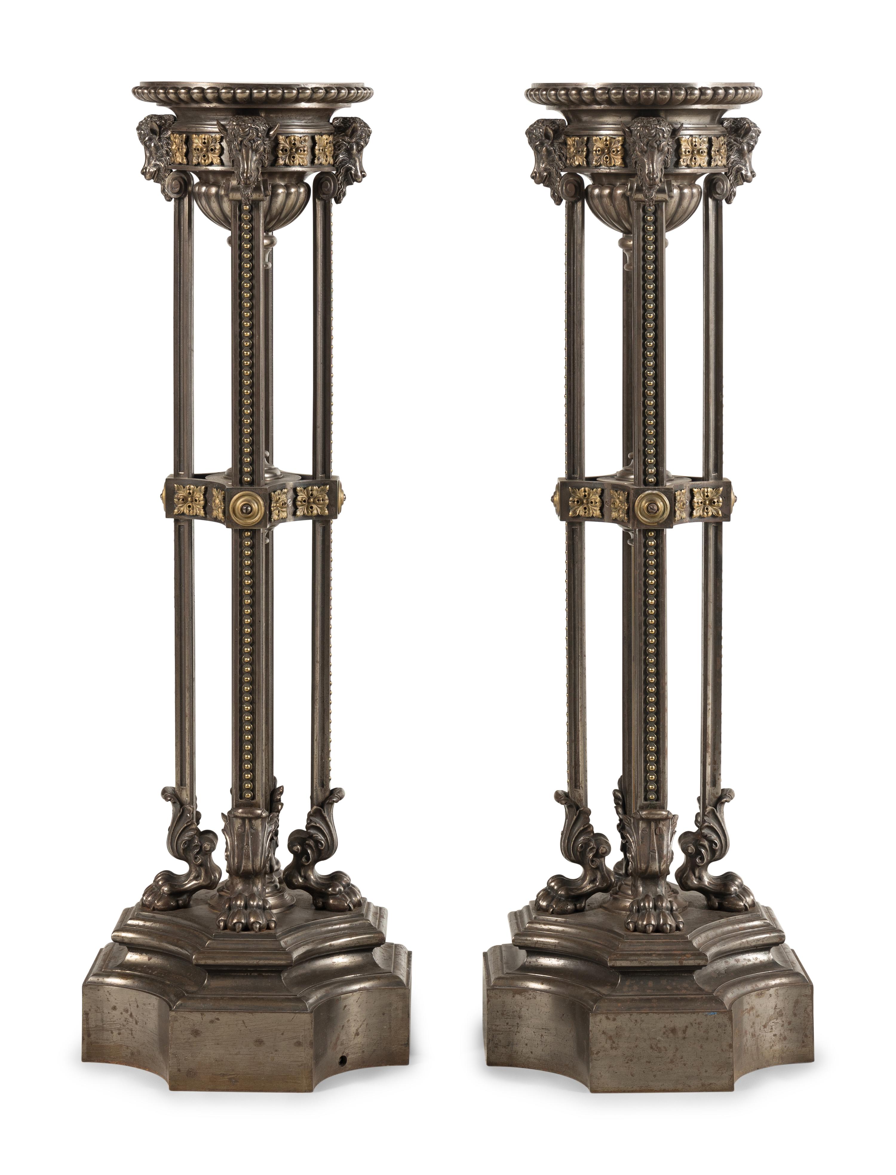 A Pair of Continental Neoclassical Style Gilt Bronze and Polished Steel Pedestals