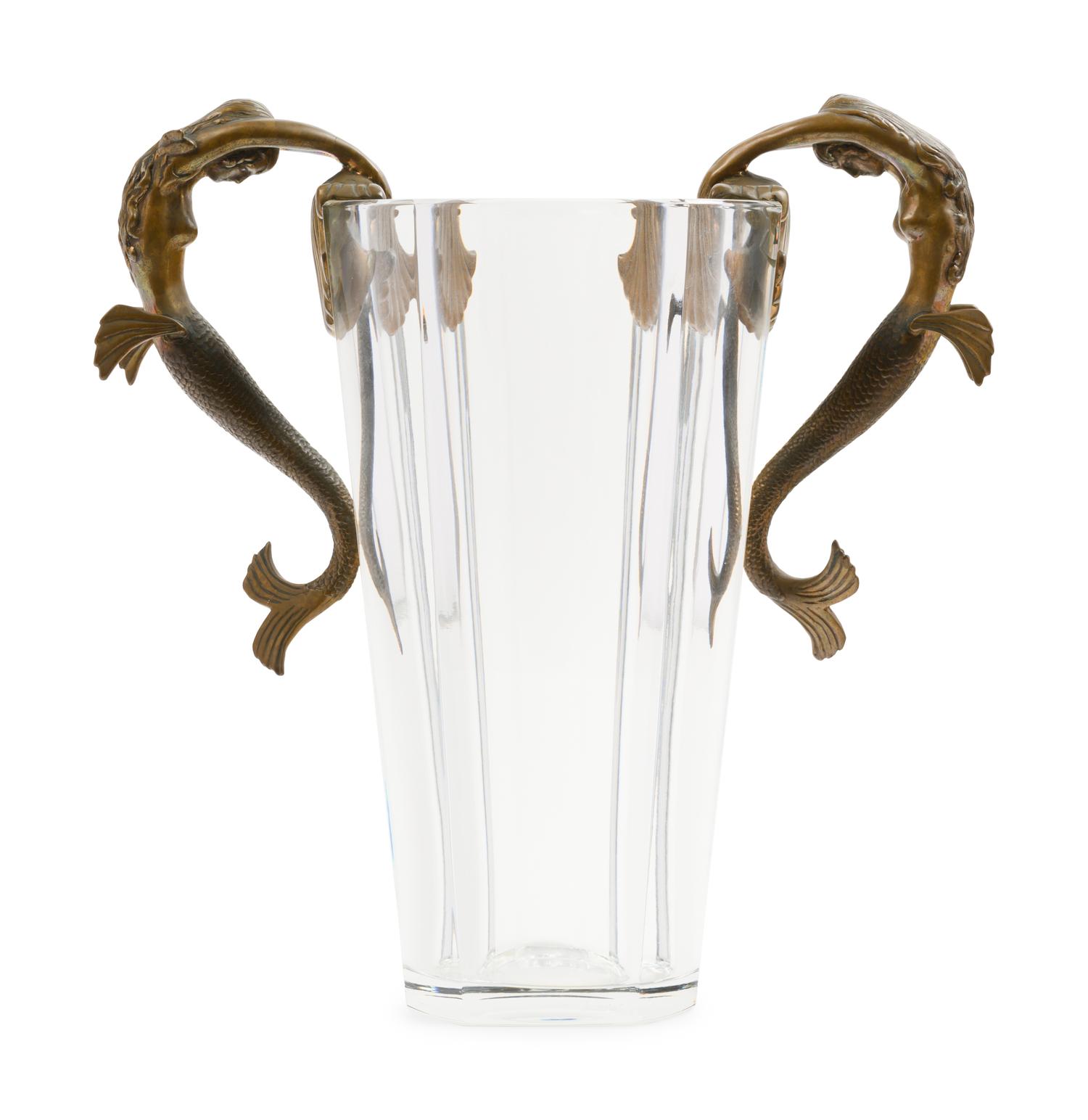 An Erté (Russian/French, 1892-1990) Gilt Bronze and Baccarat Glass Sea Maidens Vase