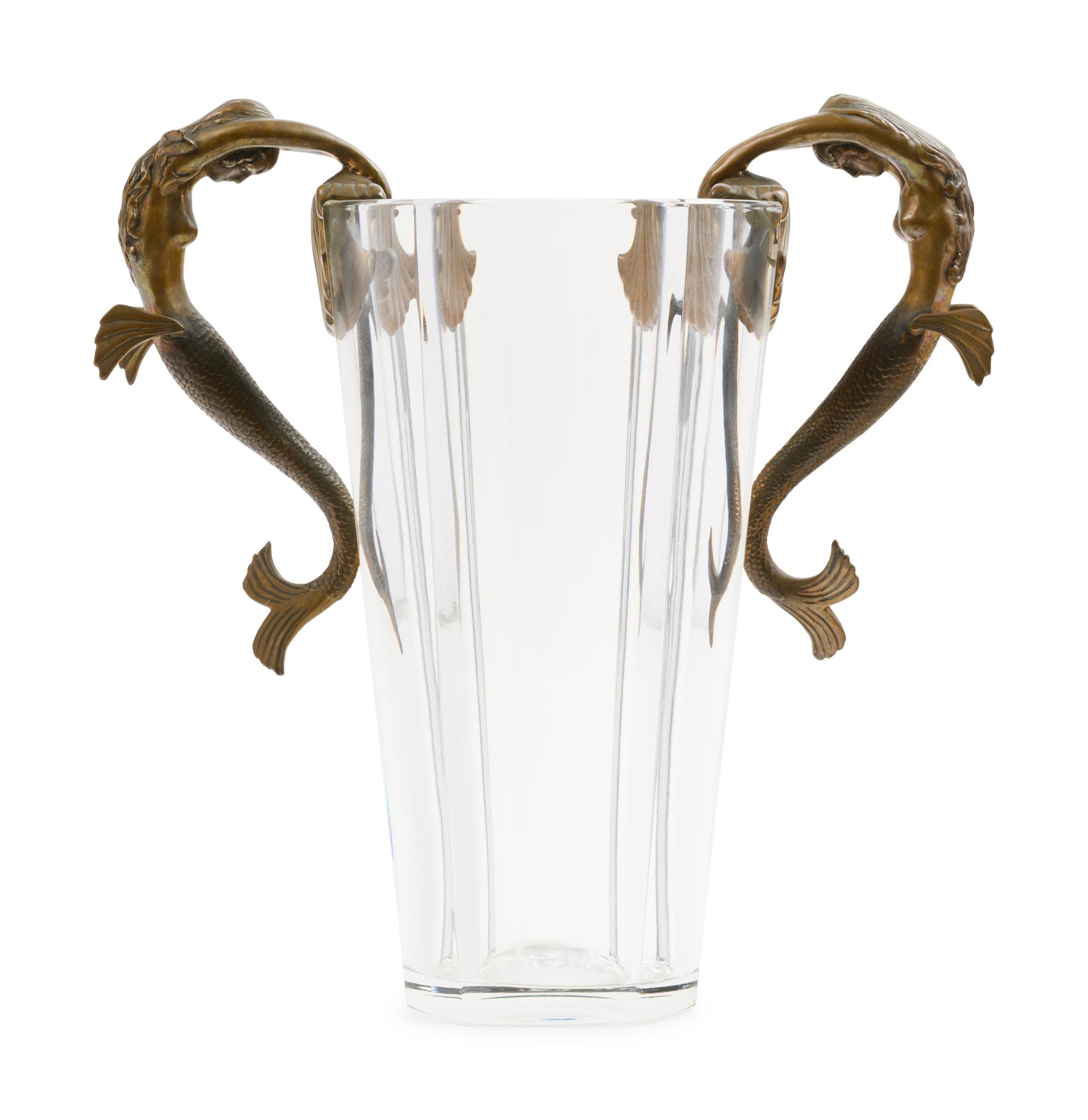 An Erté (Russian/French, 1892-1990) Gilt Bronze and Baccarat Glass Sea Maidens Vase