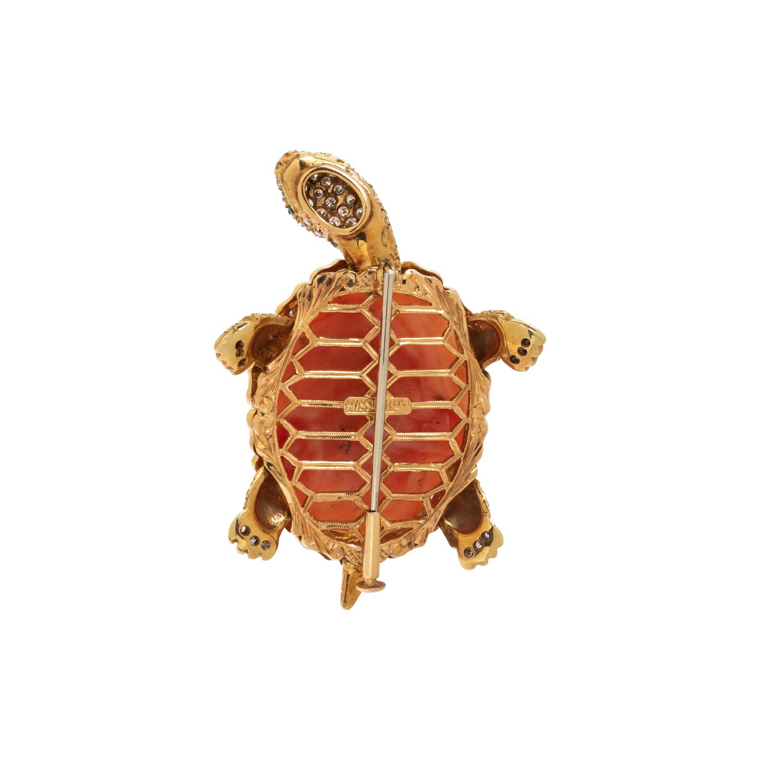 YELLOW GOLD, CORAL, AND DIAMOND ARTICULATED TURTLE BROOCH