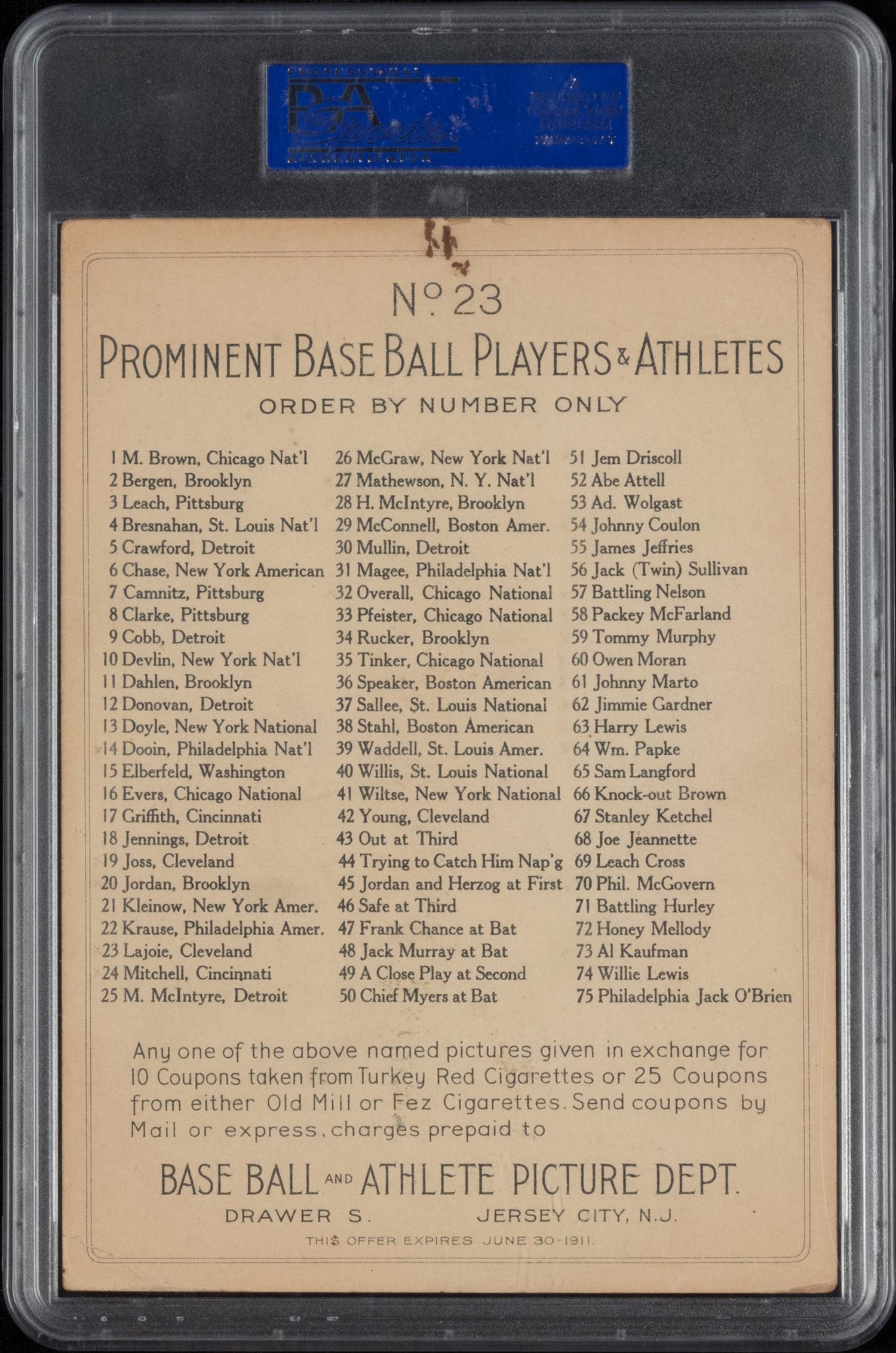 A 1911 T3 Turkey Red Cabinets Nap Lajoie Baseball Card (PSA 4MK VG-EX) Checklist Back