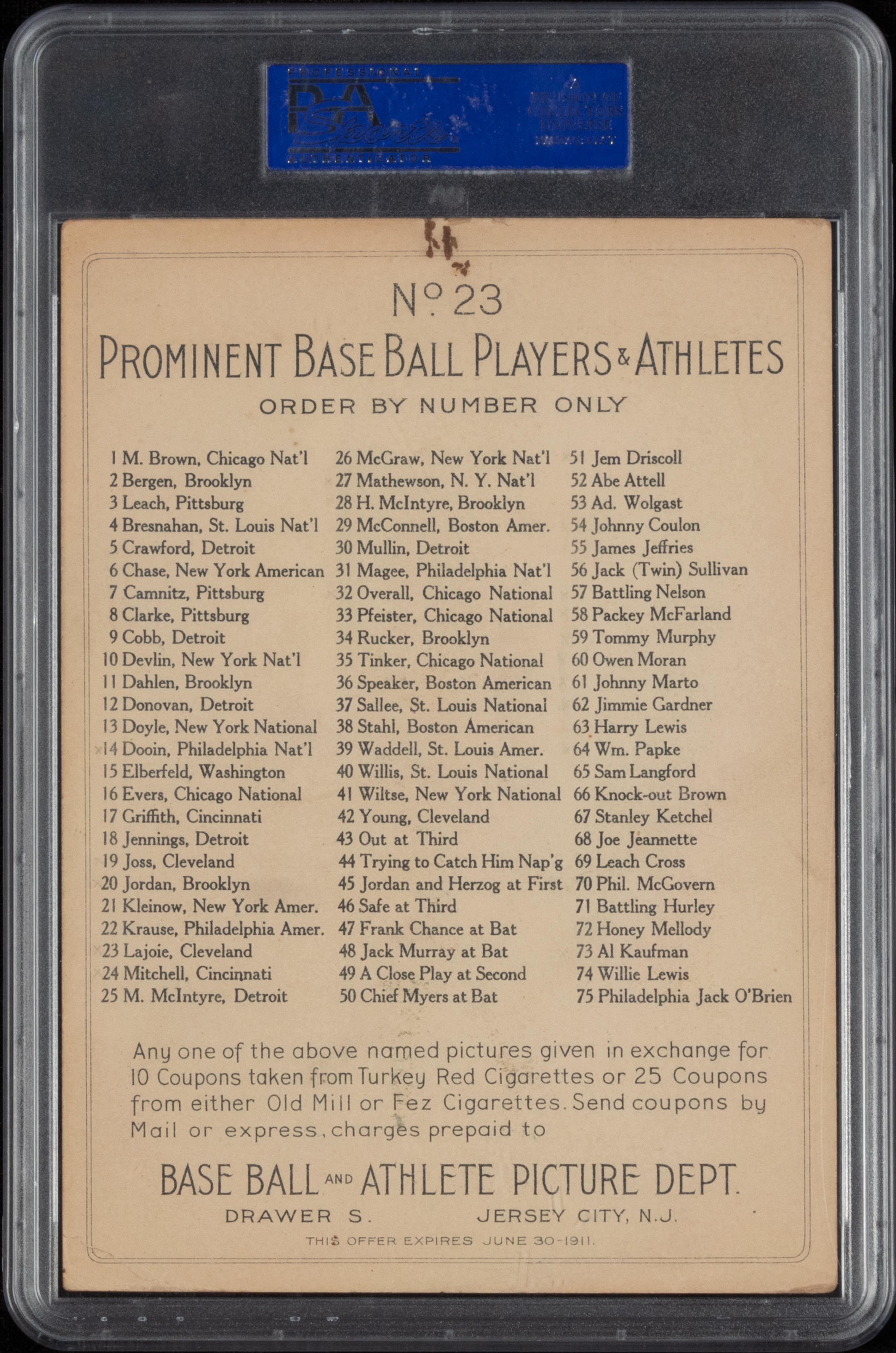 A 1911 T3 Turkey Red Cabinets Nap Lajoie Baseball Card (PSA 4MK VG-EX) Checklist Back
