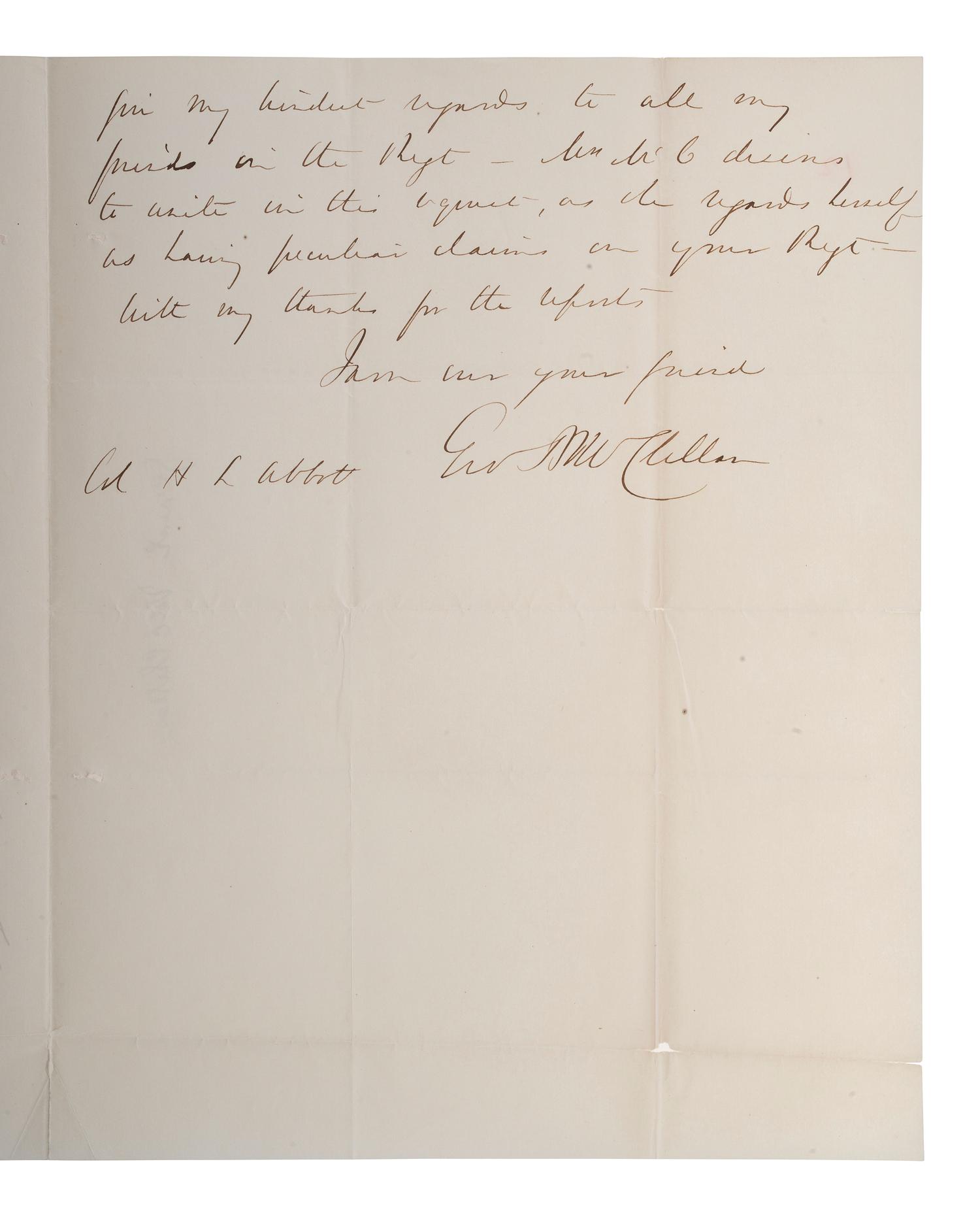 MCCLELLAN, George B. (1826-1885). Autograph letter signed ("Geo McClellan") to Colonel H.L. Abbott, regarding the taking of Fort Wagner. Orange, New Jersey, 5 September 1863.