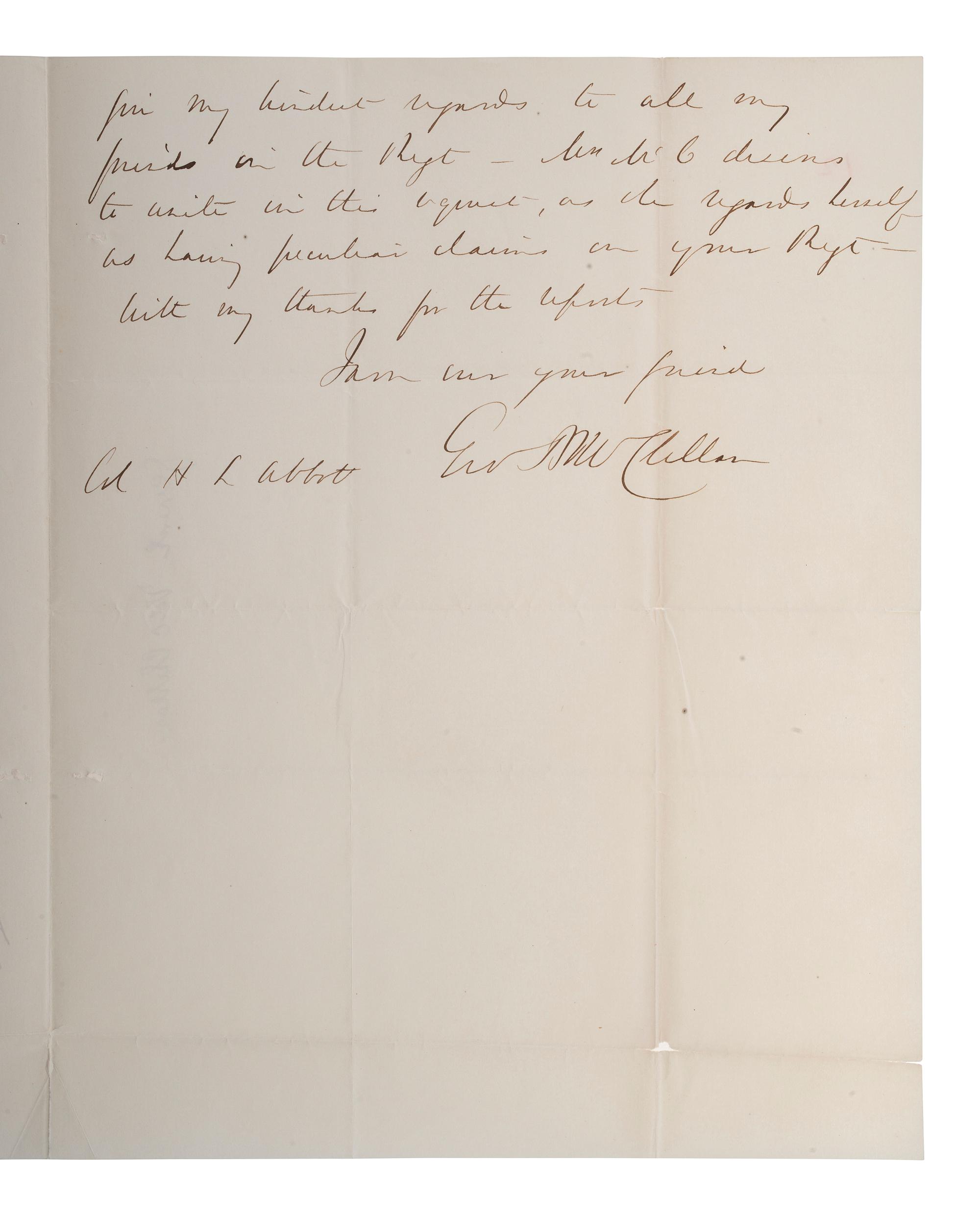 MCCLELLAN, George B. (1826-1885). Autograph letter signed ("Geo McClellan") to Colonel H.L. Abbott, regarding the taking of Fort Wagner. Orange, New Jersey, 5 September 1863.