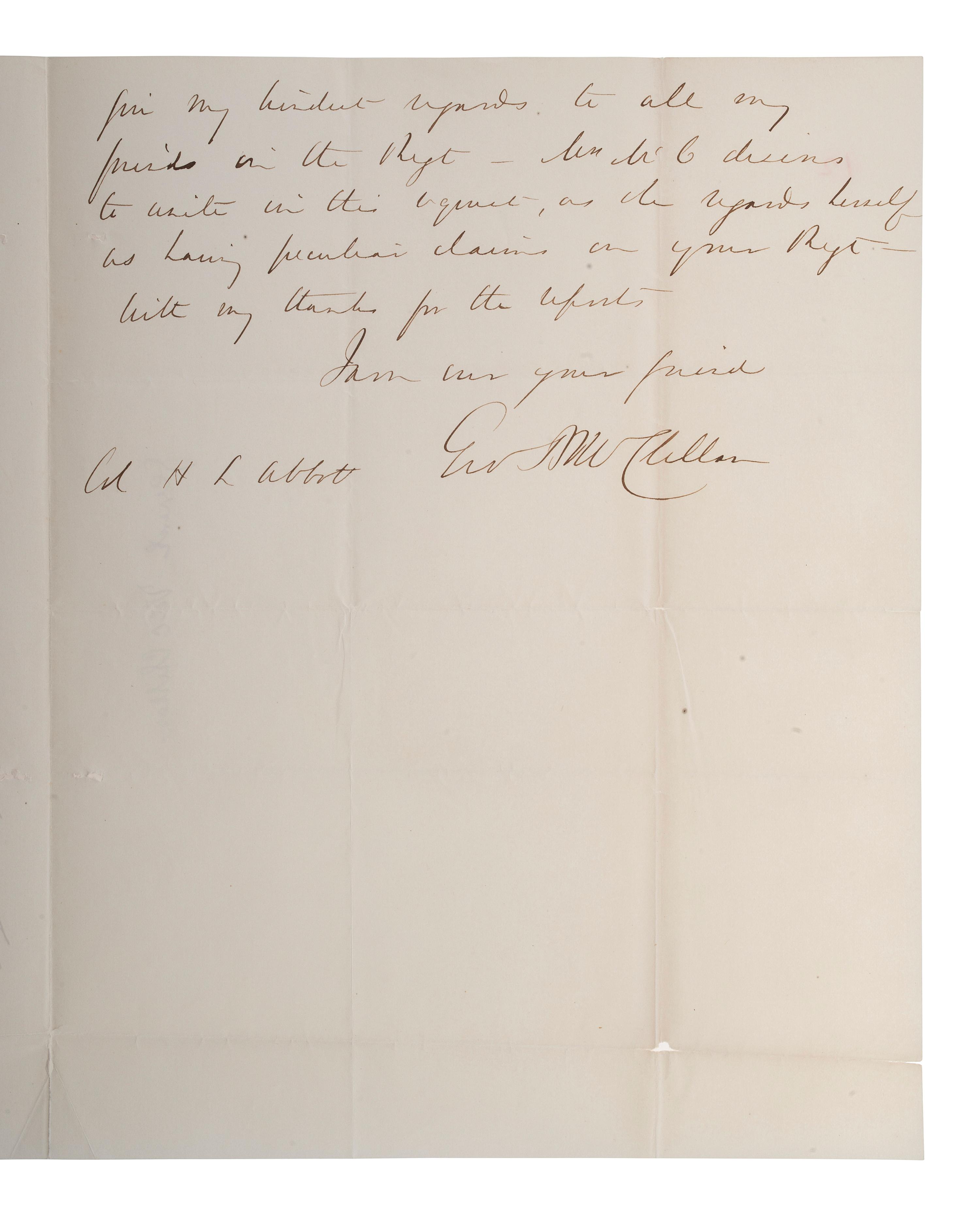 MCCLELLAN, George B. (1826-1885). Autograph letter signed ("Geo McClellan") to Colonel H.L. Abbott, regarding the taking of Fort Wagner. Orange, New Jersey, 5 September 1863.