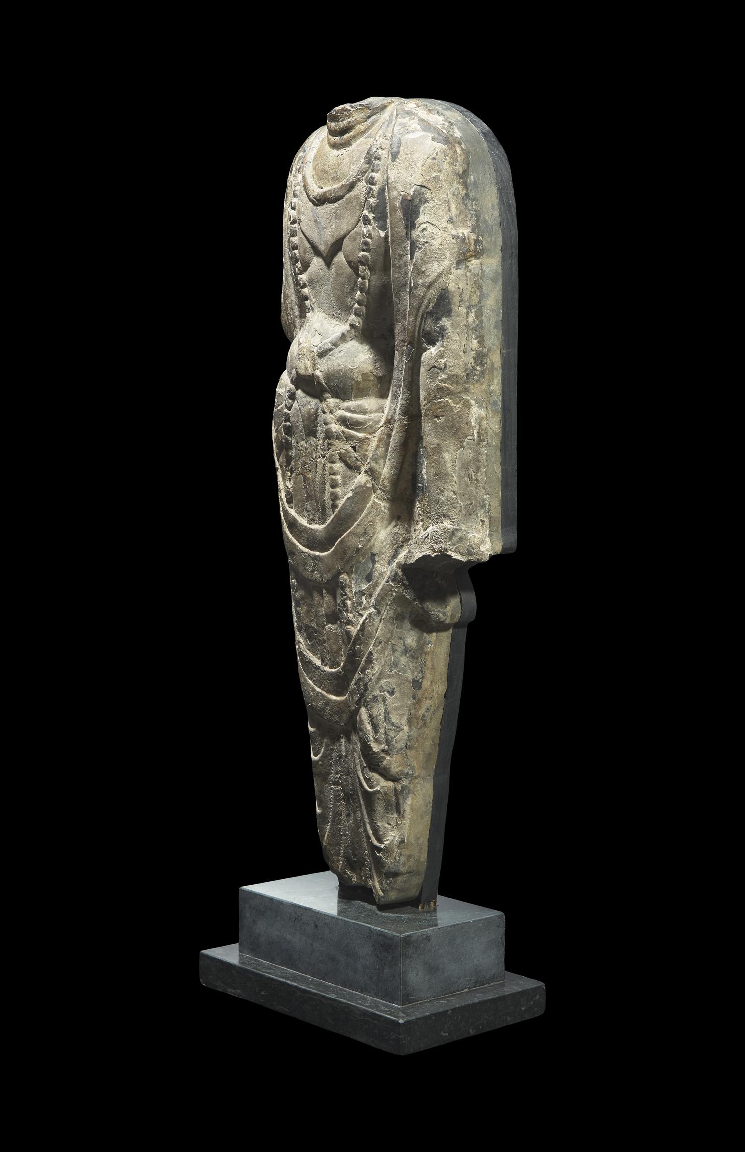 A Chinese Carved Stone Torso Relief of a Bodhisattva, Possibly Tang Dynasty 或為唐 石雕菩薩造像