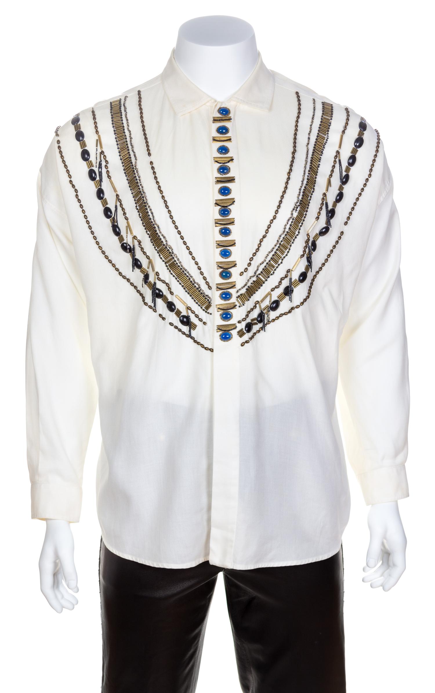 A Gianni Versace Cream Linen Western Embellished Shirt, Size 52.