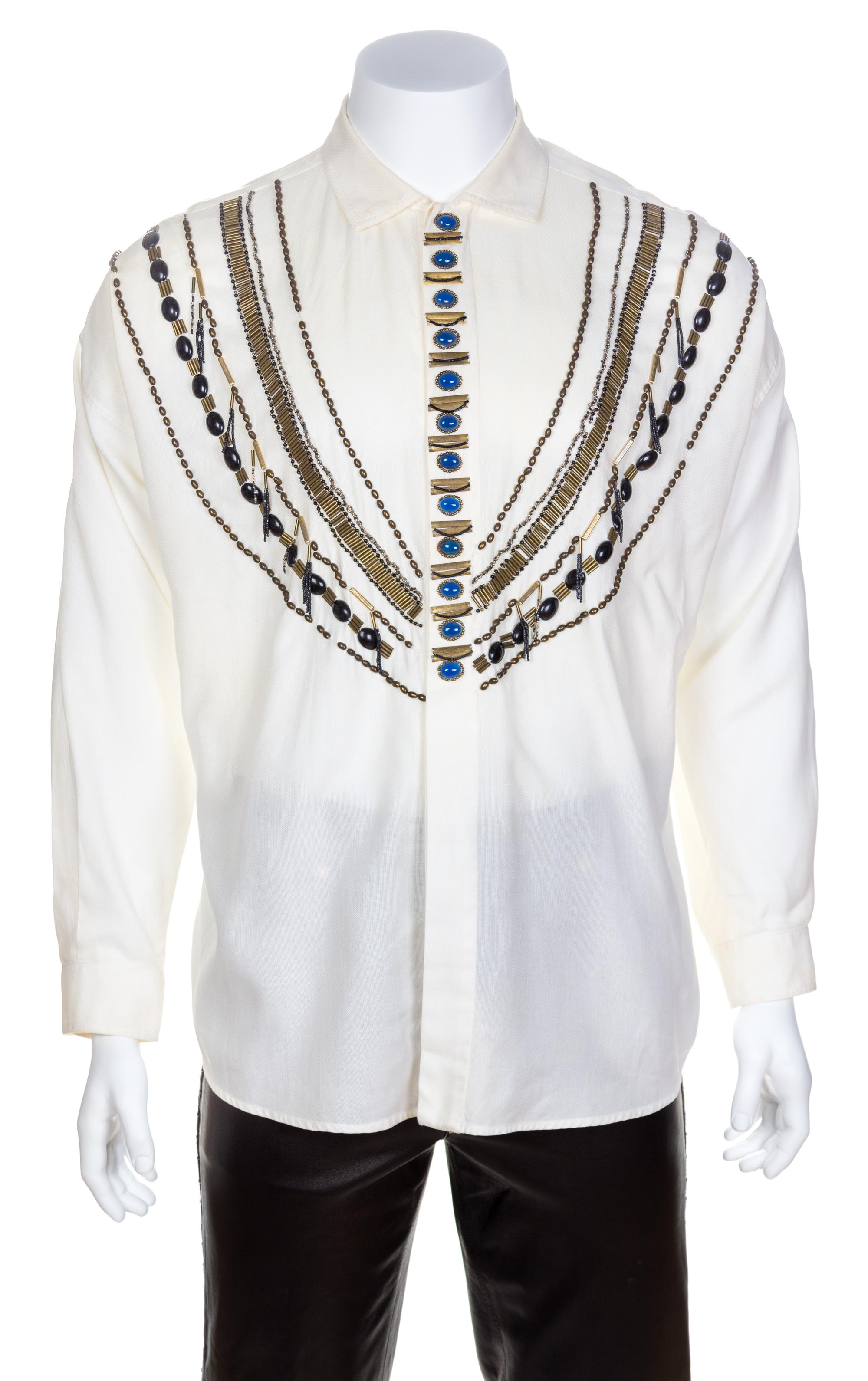 A Gianni Versace Cream Linen Western Embellished Shirt, Size 52.