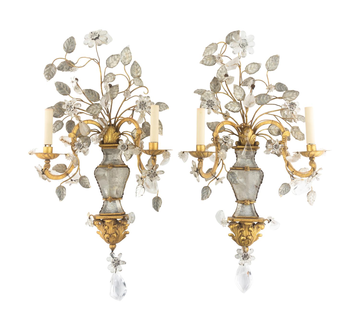 A Pair of Gilt Metal and Rock Crystal Two-Light Sconces