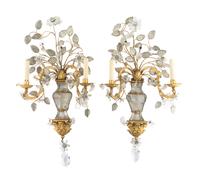 A Pair of Gilt Metal and Rock Crystal Two-Light Sconces