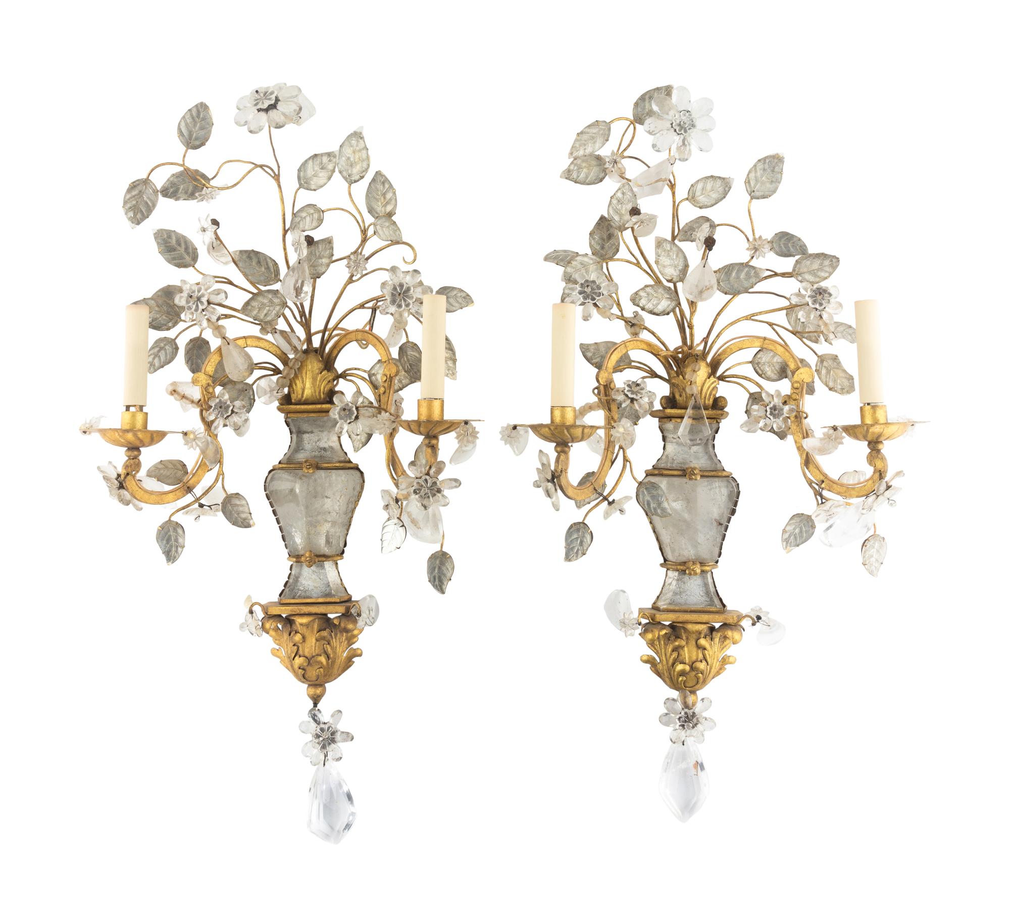 A Pair of Gilt Metal and Rock Crystal Two-Light Sconces