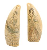 A Pair of Colored and Engraved Scrimshaw Whale Teeth Height of tallest 6 inches. — 19TH CENTURY