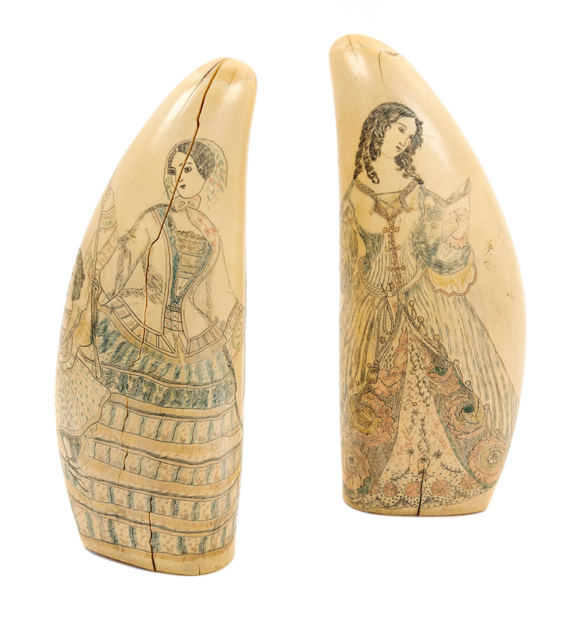 A Pair of Colored and Engraved Scrimshaw Whale Teeth Height of tallest 6 inches. — 19TH CENTURY