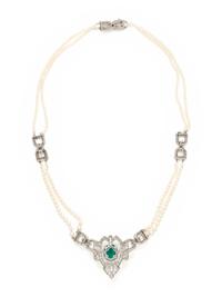ART DECO, EMERALD, DIAMOND, AND SEED PEARL CHOKER NECKLACE