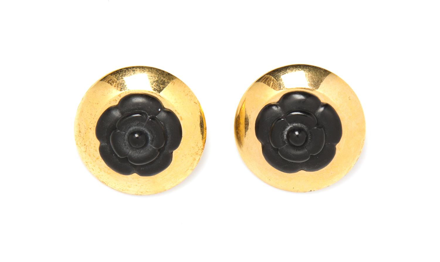 A Pair of Chanel Goldtone and Black Camelia Earclips, 1.5".