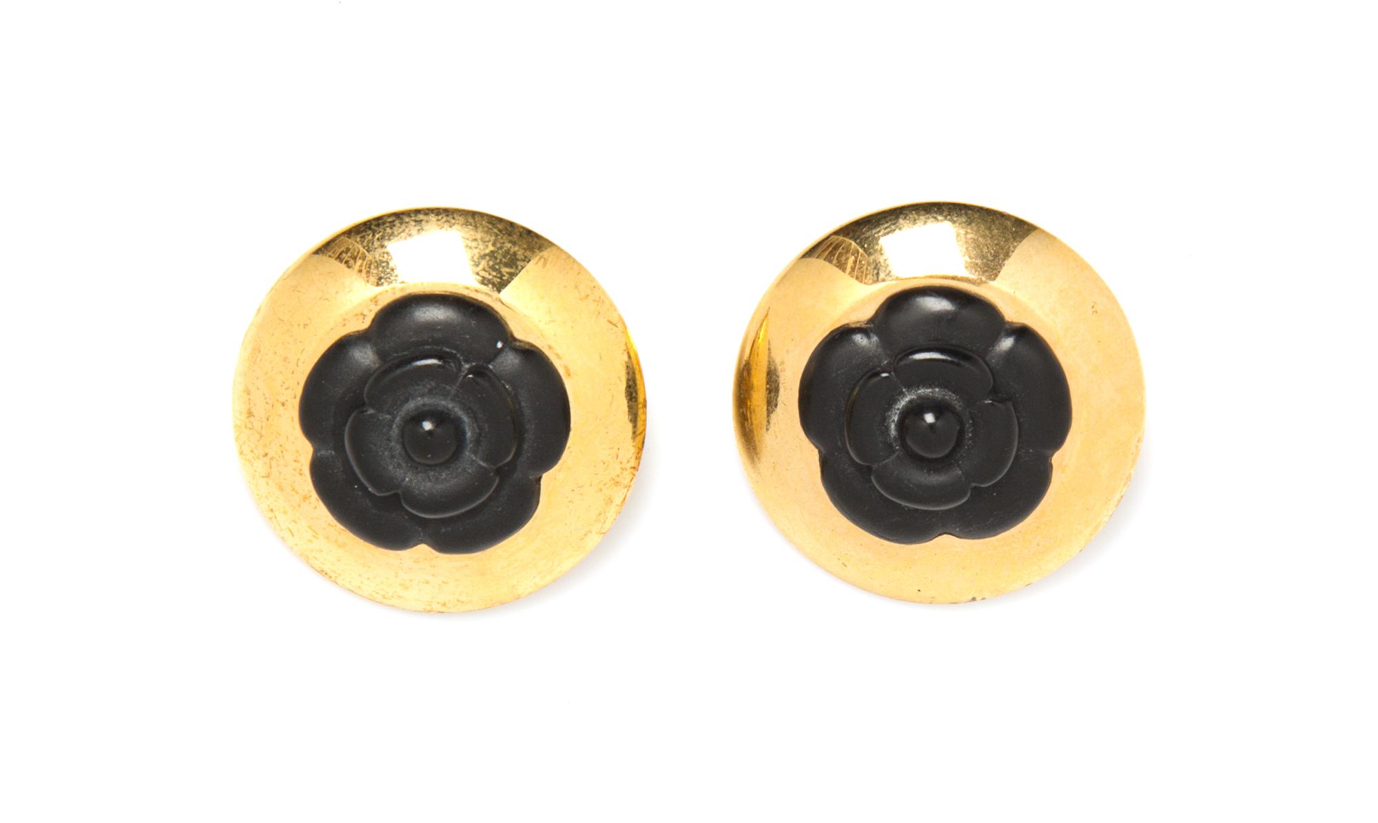 A Pair of Chanel Goldtone and Black Camelia Earclips, 1.5".