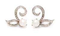 A Pair of White Gold, Cultured Pearl and Diamond Earrings, 3.40 dwts.