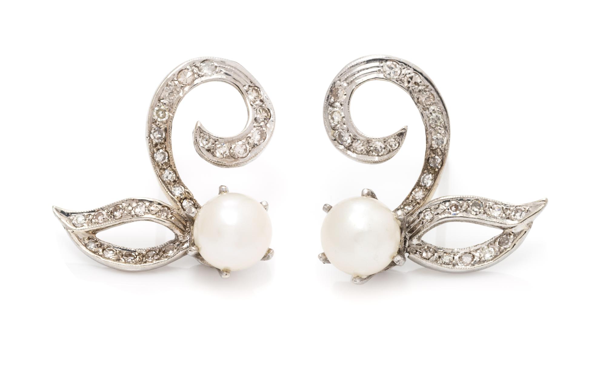 A Pair of White Gold, Cultured Pearl and Diamond Earrings, 3.40 dwts.