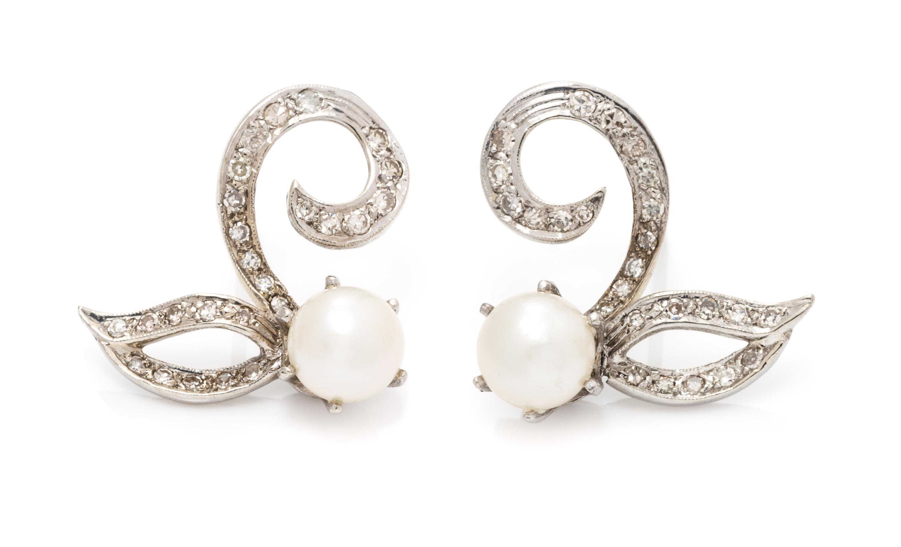 A Pair of White Gold, Cultured Pearl and Diamond Earrings, 3.40 dwts.
