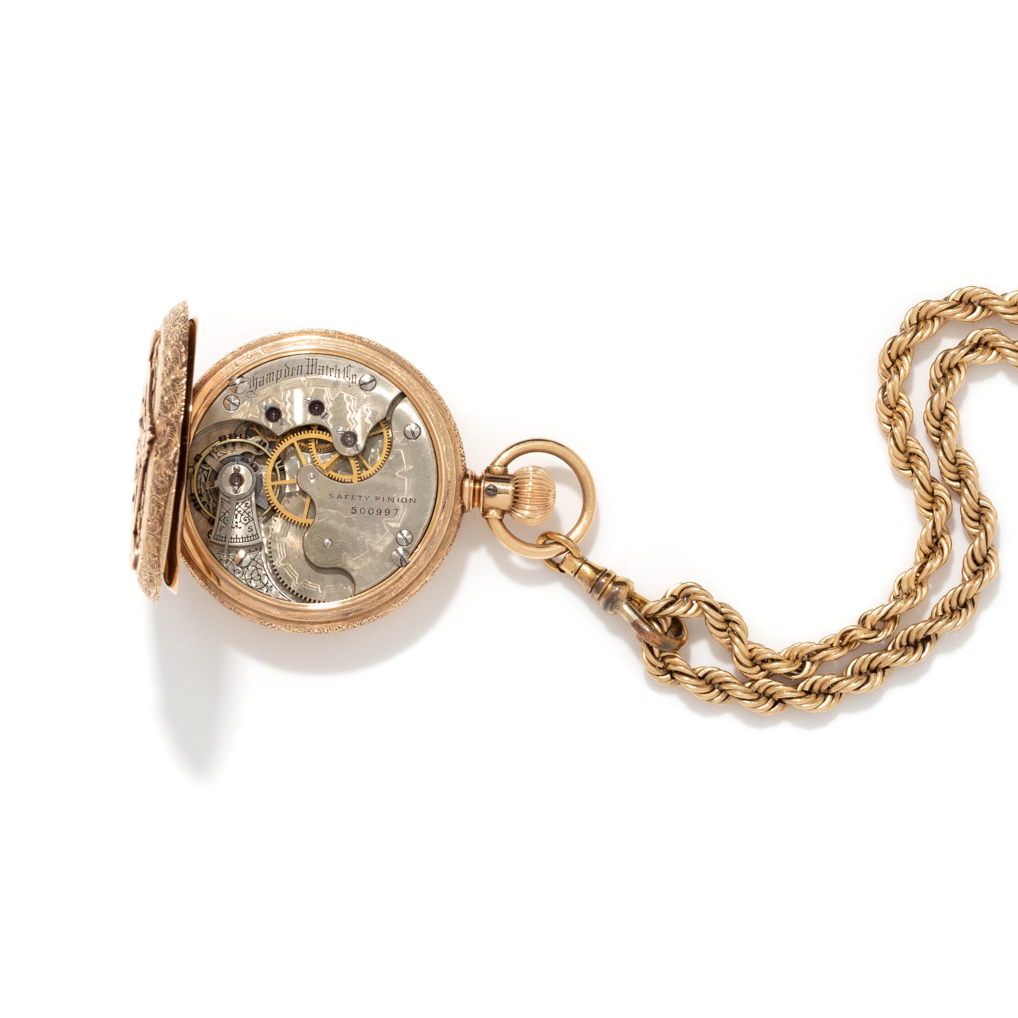HAMPDEN, 14K TRICOLOR GOLD AND DIAMOND HUNTER CASE POCKET WATCH