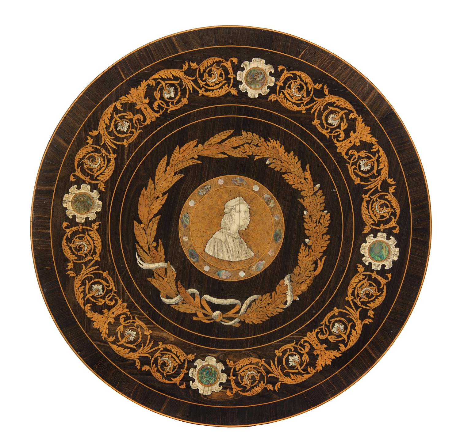 An Italian Ivory and Mother-of-Pearl Inlaid Roundel, Diameter 18 3/4 inches.