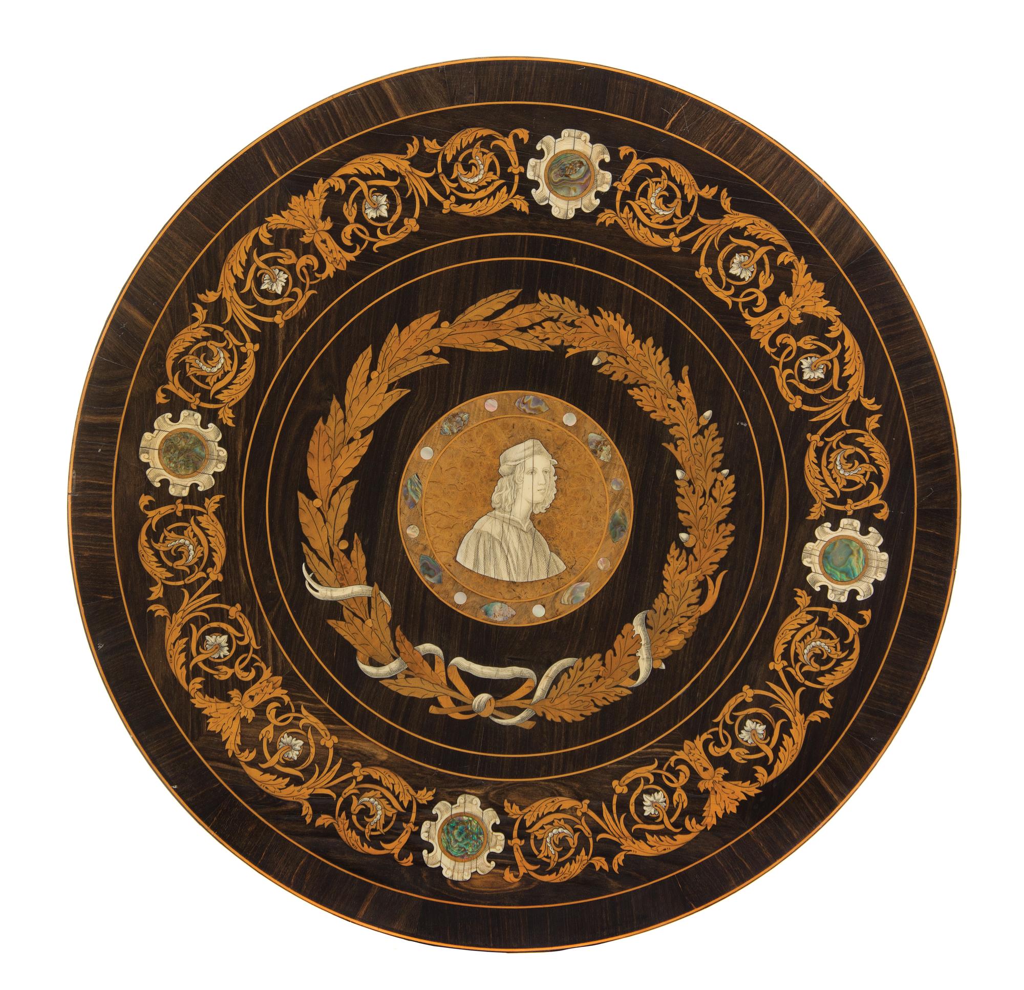 An Italian Ivory and Mother-of-Pearl Inlaid Roundel, Diameter 18 3/4 inches.