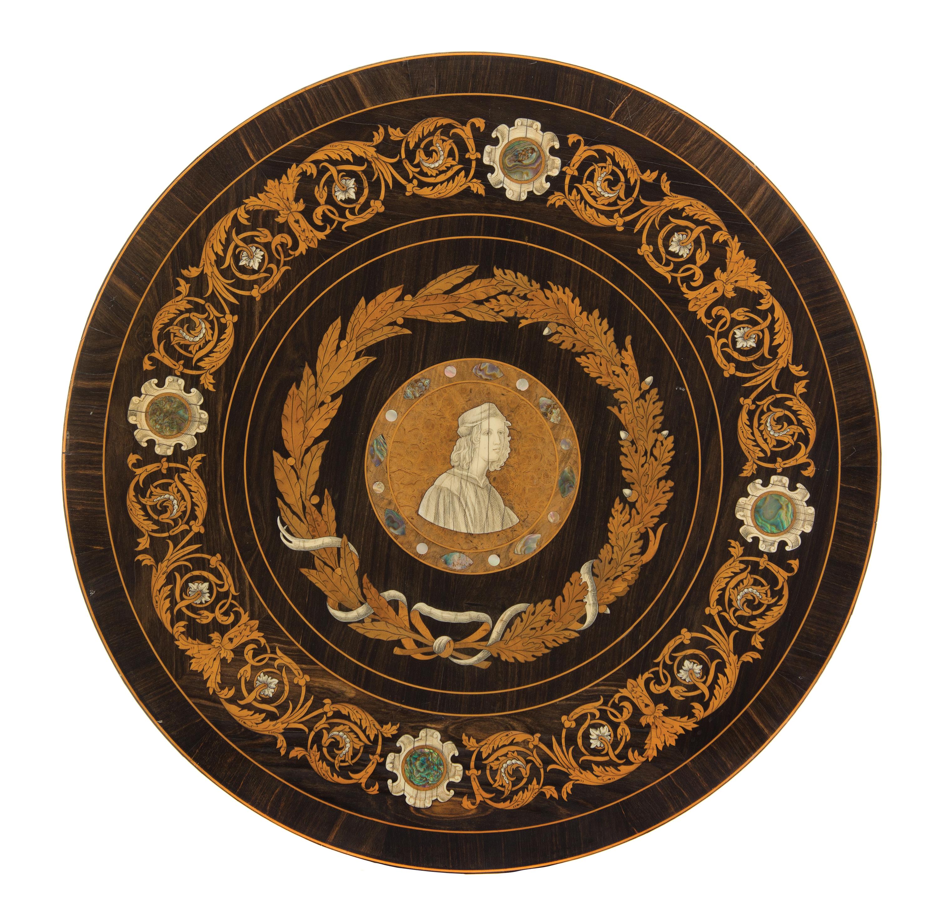 An Italian Ivory and Mother-of-Pearl Inlaid Roundel, Diameter 18 3/4 inches.
