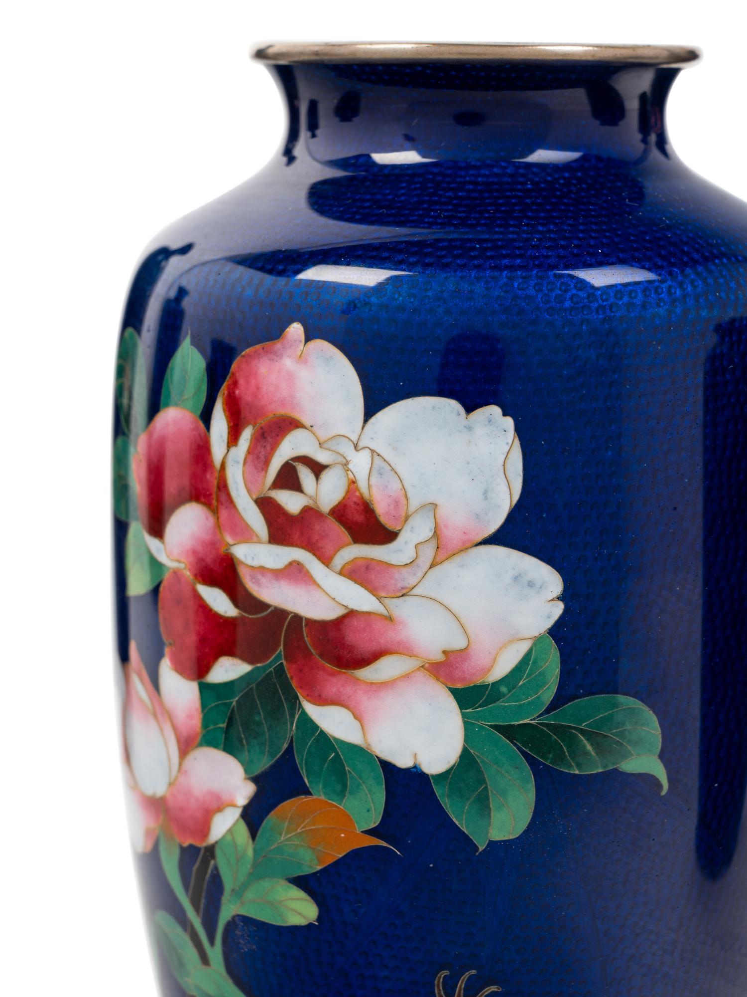 Eight Japanese Blue Ground Cloisonné Enamel and Embossed Foil 'Ginbari' Vases