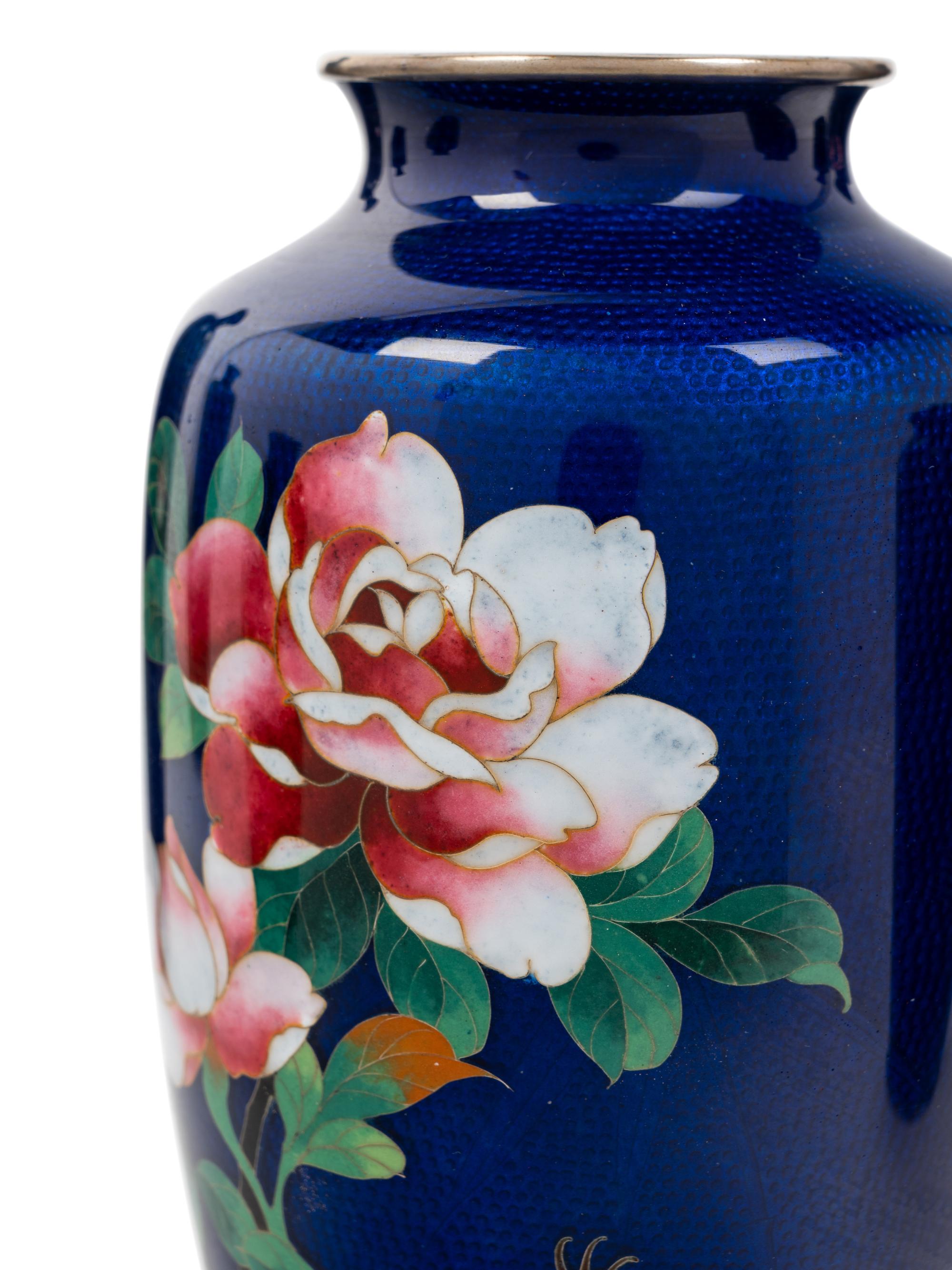 Eight Japanese Blue Ground Cloisonné Enamel and Embossed Foil 'Ginbari' Vases