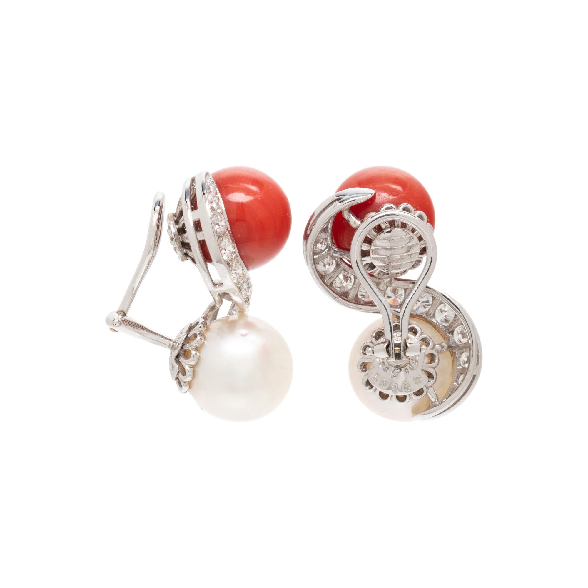 SEAMAN SCHEPPS, CULTURED PEARL, CORAL AND DIAMOND EARCLIPS