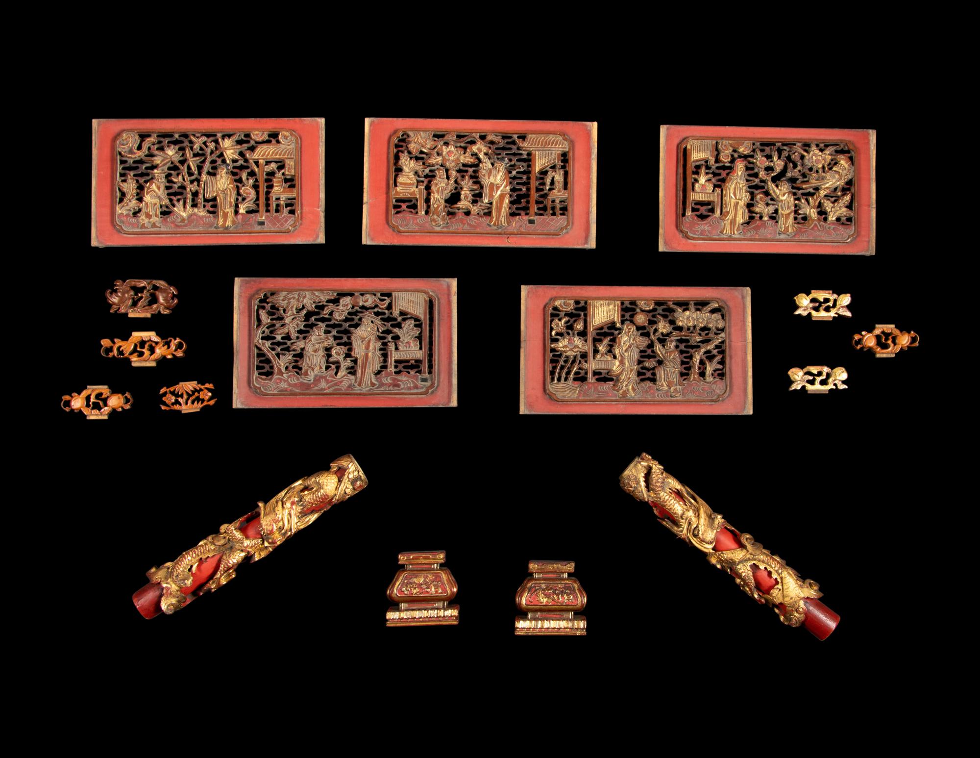16 Chinese Gilt and Red Lacquered Wood Articles