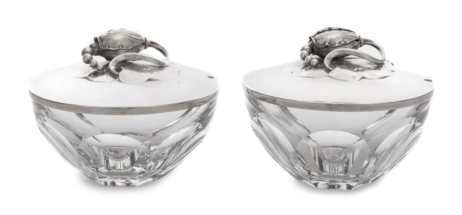 A Pair of Danish Silver Mounted Baccarat Glass Condiment Jars, Georg Jensen Silversmithy, Copenhagen, Early 20th Century, each cut glas
