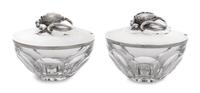 A Pair of Danish Silver Mounted Baccarat Glass Condiment Jars, Georg Jensen Silversmithy, Copenhagen, Early 20th Century, each cut glas
