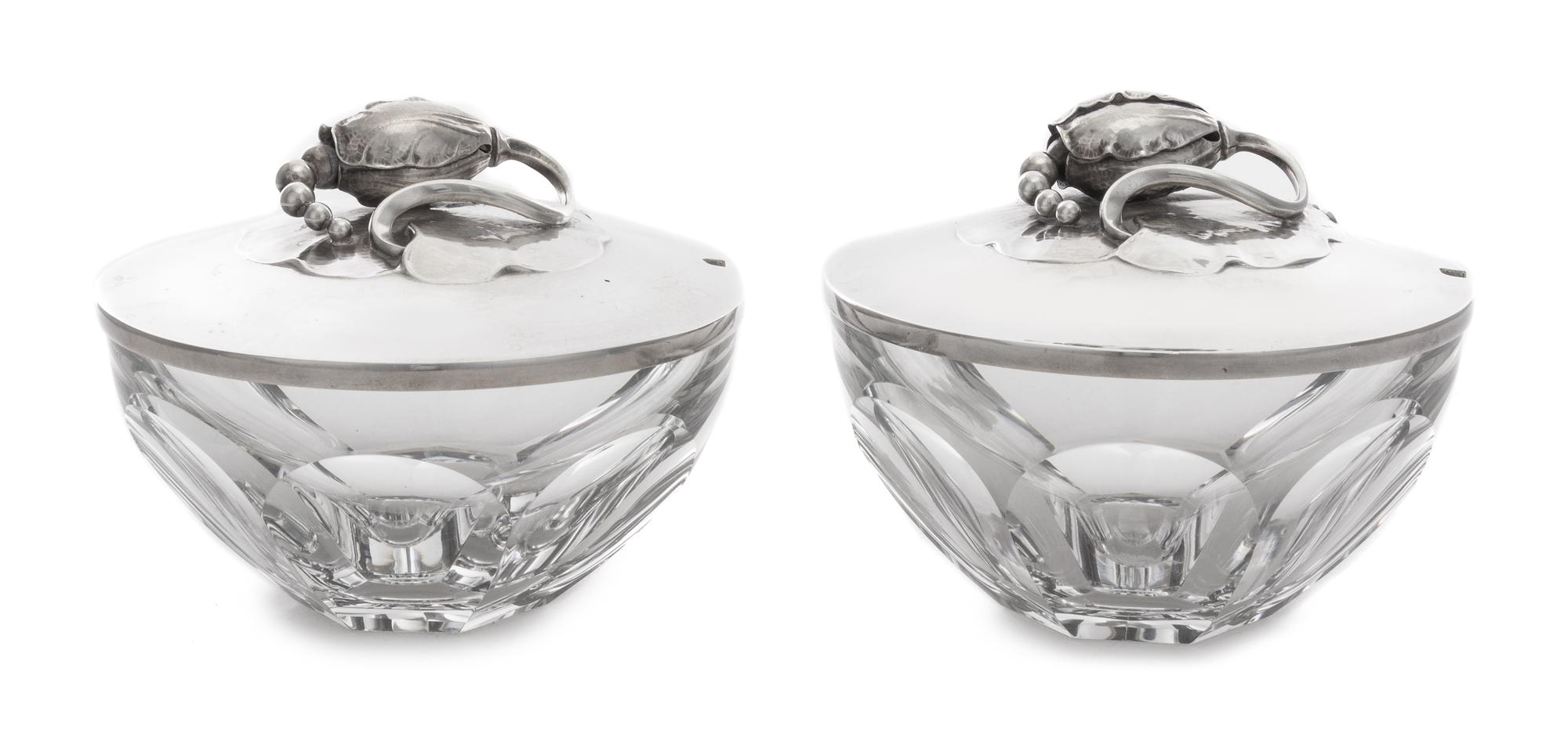 A Pair of Danish Silver Mounted Baccarat Glass Condiment Jars, Georg Jensen Silversmithy, Copenhagen, Early 20th Century, each cut glas
