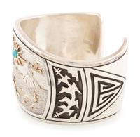 Sterling Silver Cuff Bracelet, with Hogan Scene Accented in 14K Gold and Set with Turquoise