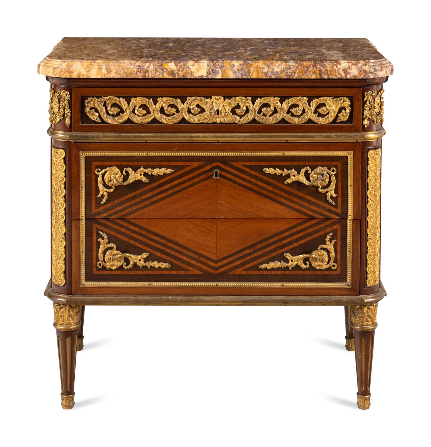 A Louis XVI Style Gilt Bronze Mounted Kingwood, Mahogany and Parquetry Brocatelle Violette d'Espagne Marble-Top Commode