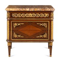 A Louis XVI Style Gilt Bronze Mounted Kingwood, Mahogany and Parquetry Brocatelle Violette d'Espagne Marble-Top Commode