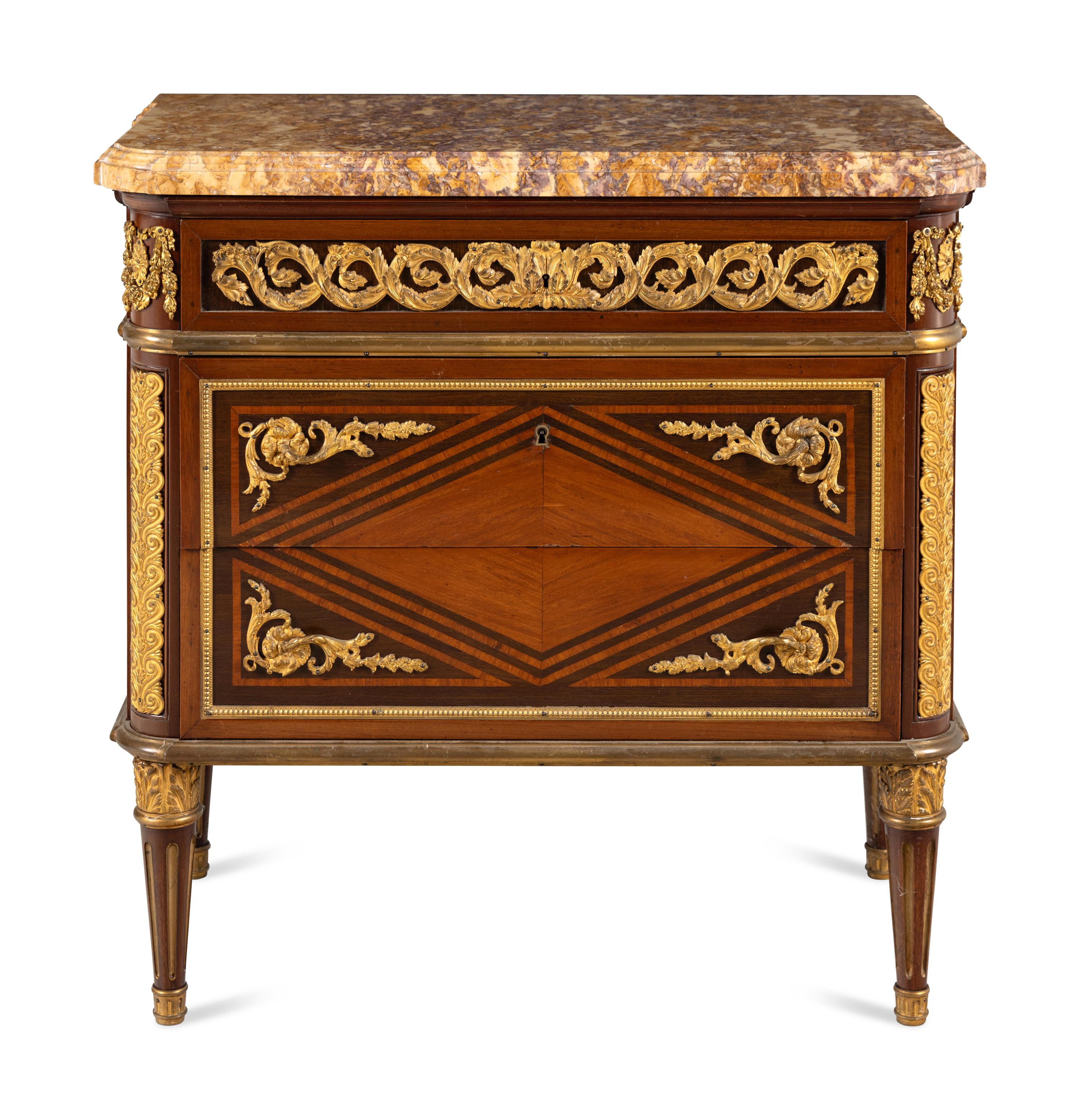 A Louis XVI Style Gilt Bronze Mounted Kingwood, Mahogany and Parquetry Brocatelle Violette d'Espagne Marble-Top Commode