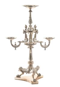A Victorian Silver-Plate Epergne, 19th Century, the central baluster form stem supporting a central dish and worked to show helmets, ma