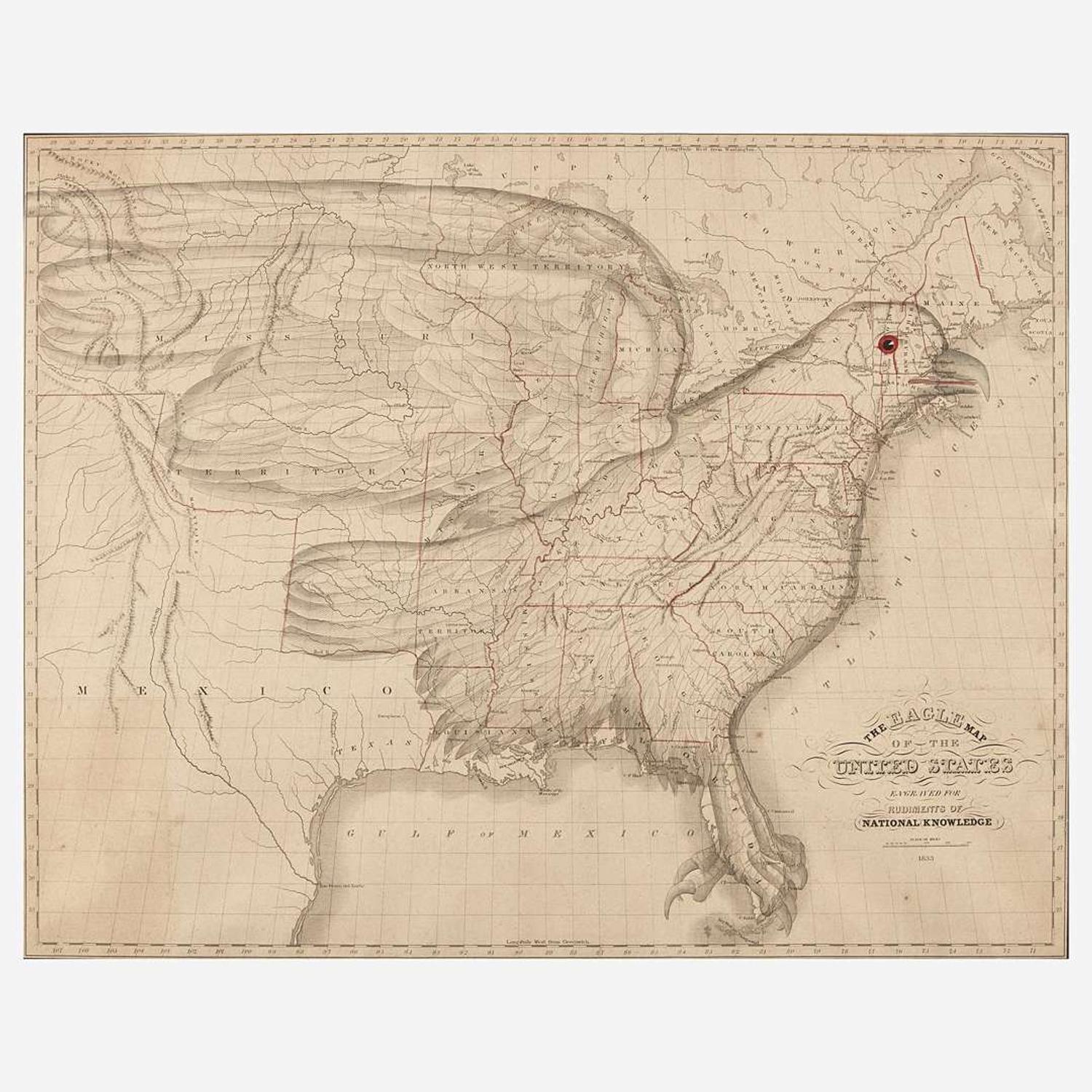 The Eagle Map of the United States Engraved for the Rudiments of National Knowledge Joseph (1767-1837) and James (b. 1811) Churchman, Philadelphia, PA, 1833