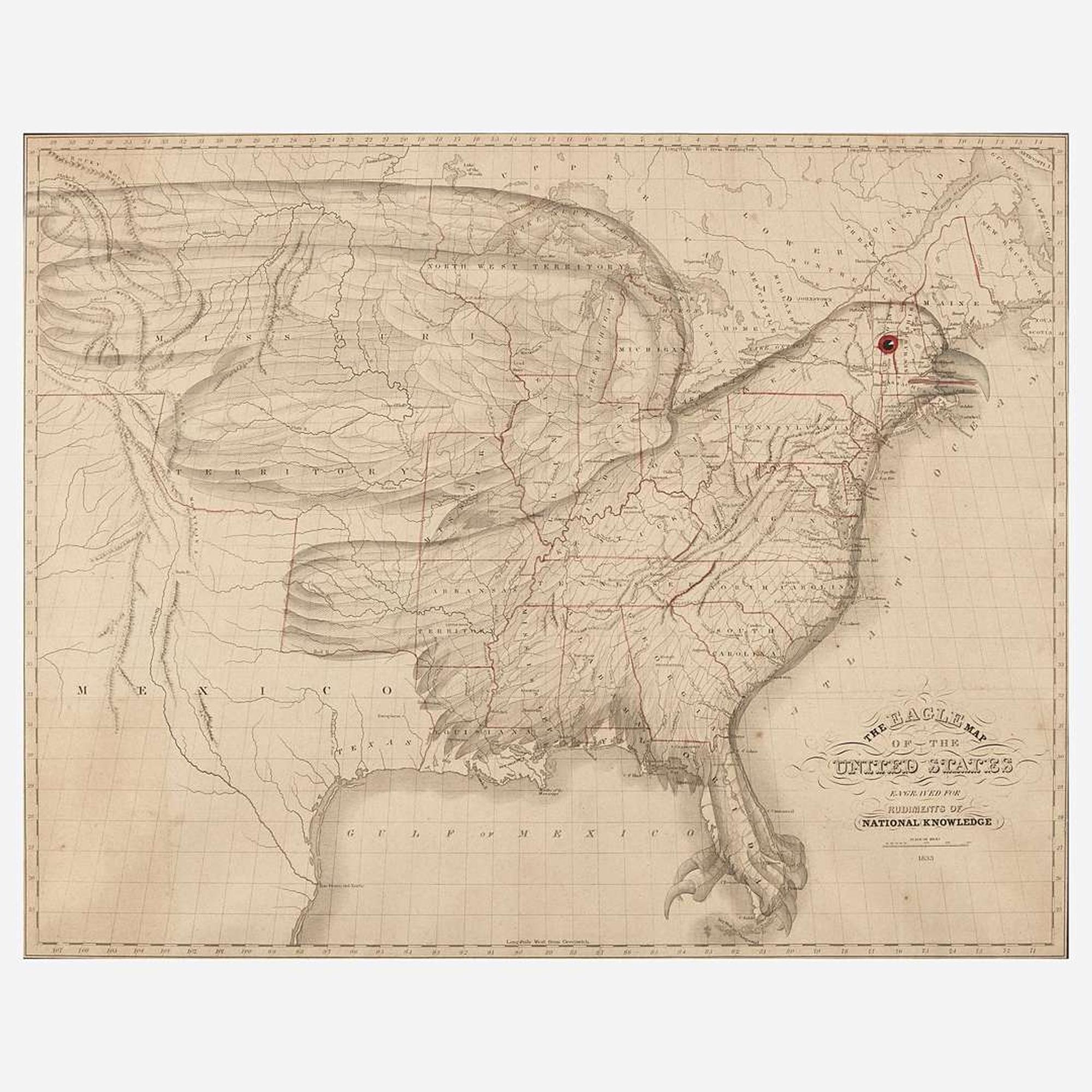 The Eagle Map of the United States Engraved for the Rudiments of National Knowledge Joseph (1767-1837) and James (b. 1811) Churchman, Philadelphia, PA, 1833