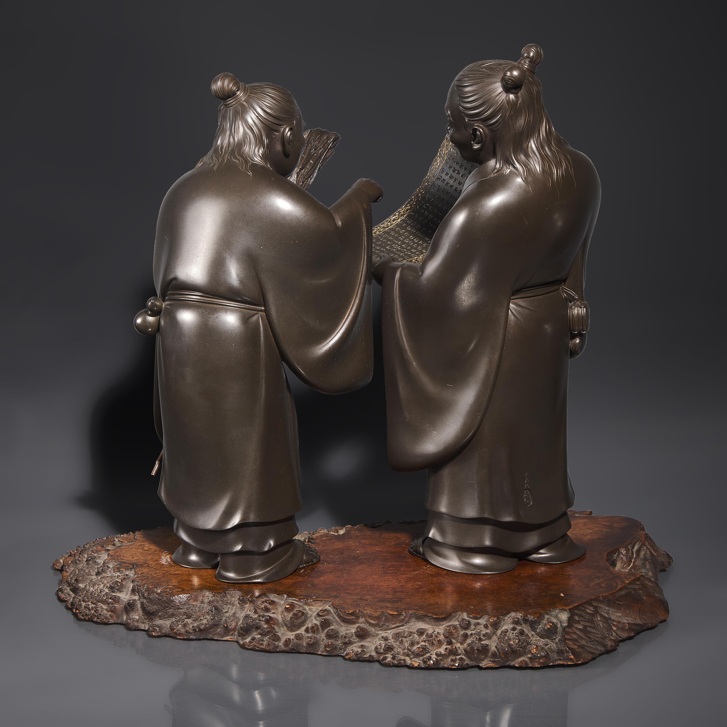 A Fine Pair of Japanese Patinated Bronze Figures of Kanzan and Jittoku, Yamashita Josetsu, Late Meiji-Taisho Period — 日本明治晚期-大正時代 正光軒如雪銅像一組