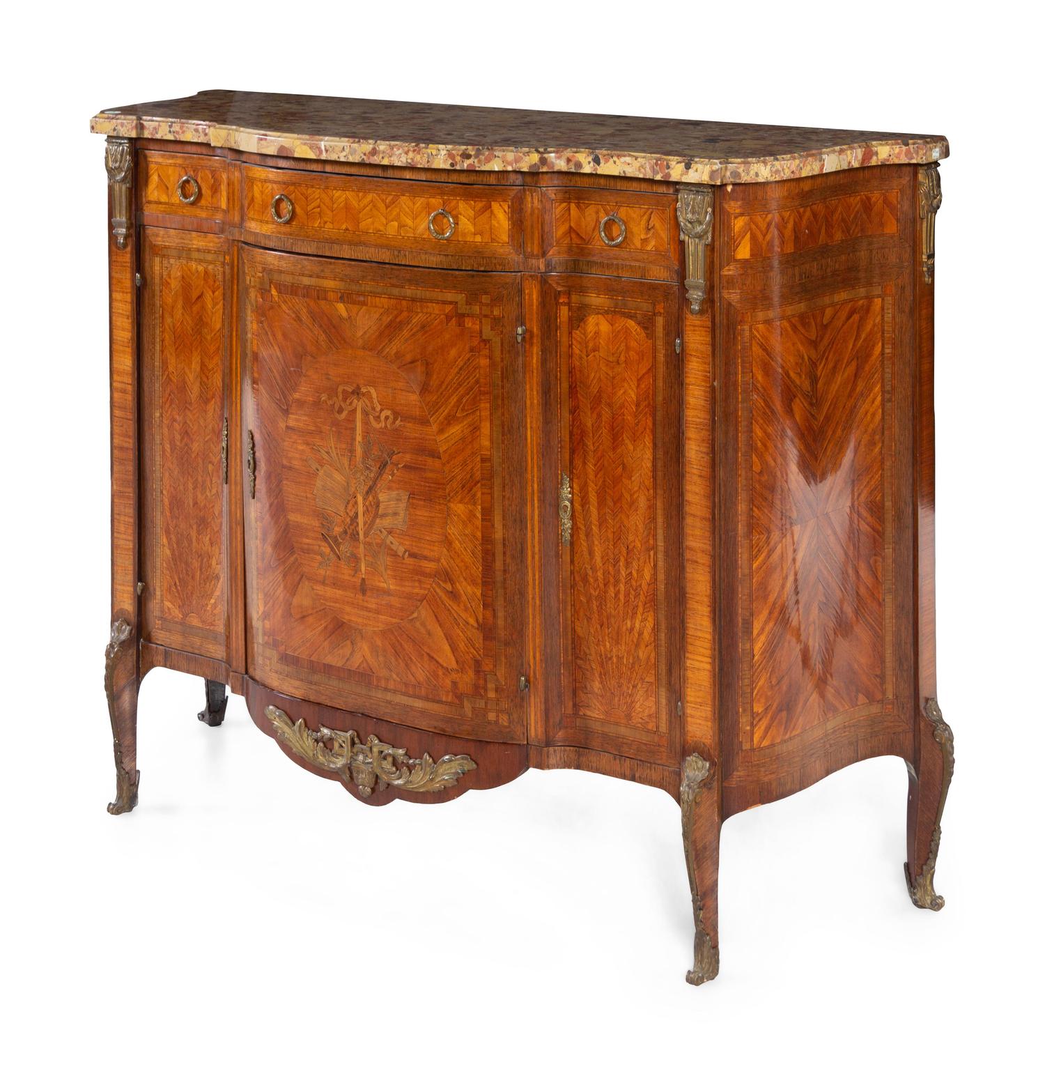 A Louis XV/XVI Transitional Style Parquetry and Marquetry Brèche d'Alep Marble-Top Cabinet